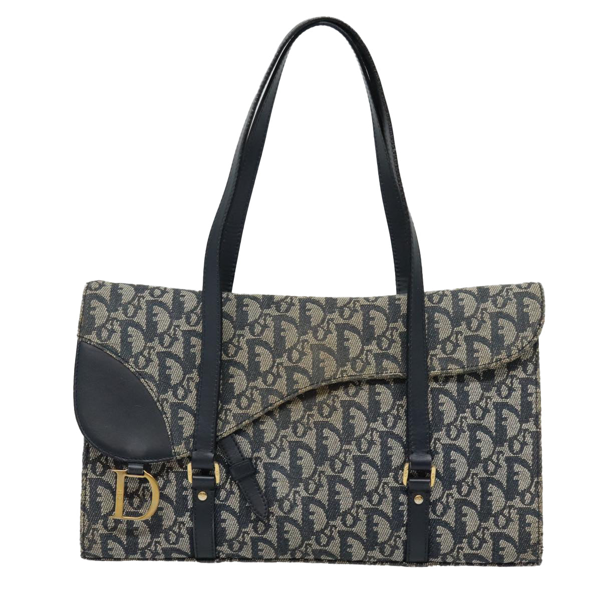 Christian Dior Trotter Canvas Shoulder Bag Navy Gold Auth 93864 - 0