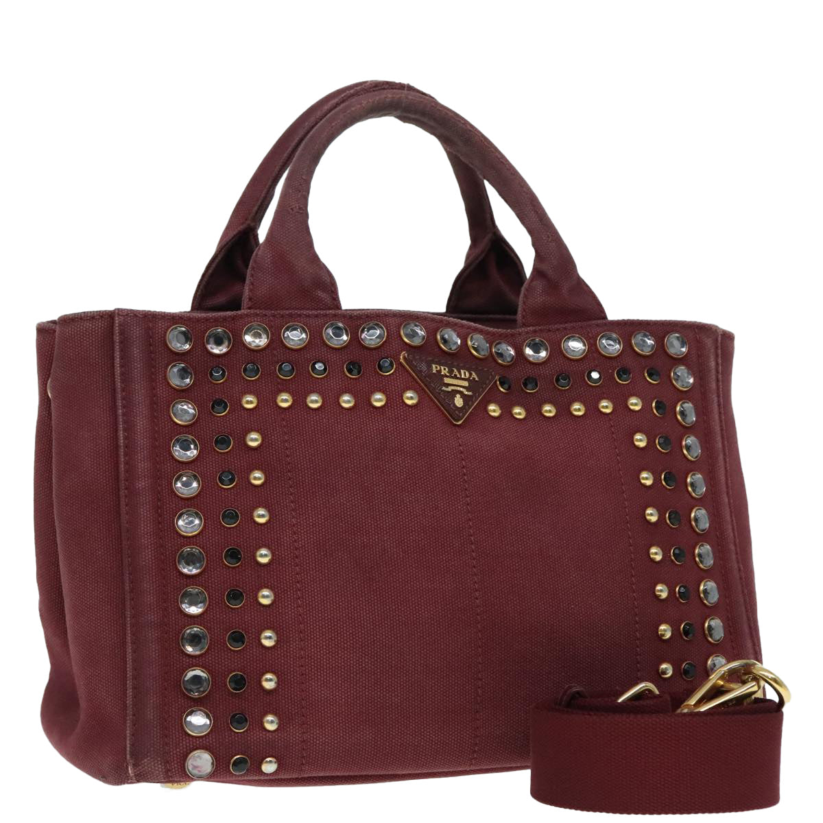 PRADA Bijoux Kanapa PM Hand Bag Canvas Wine Red Auth 93874