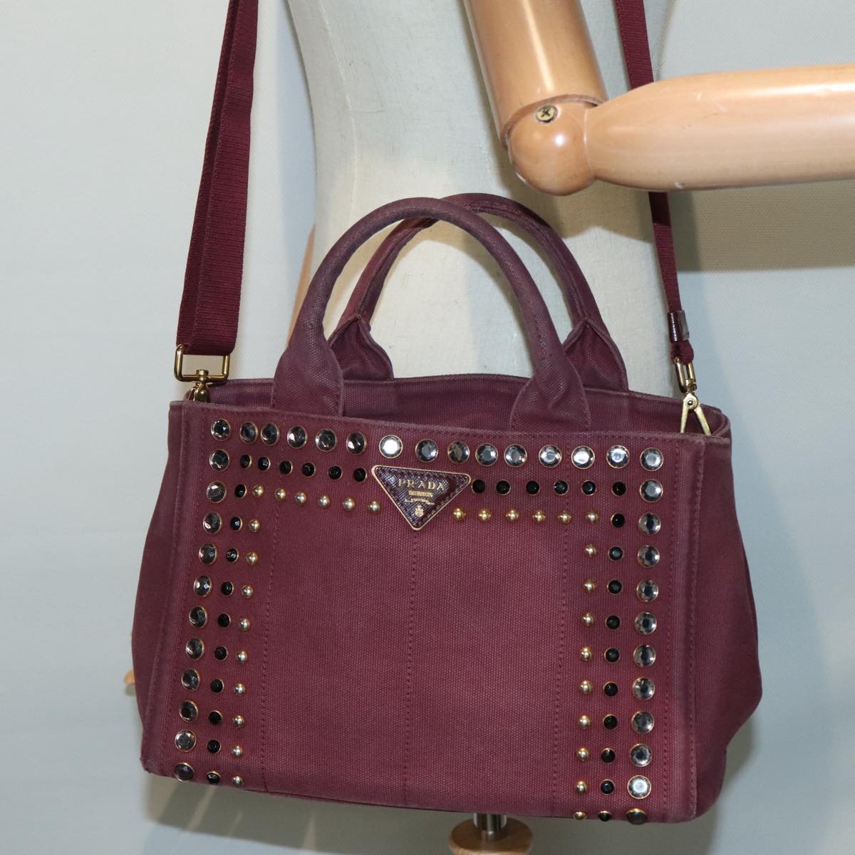 PRADA Bijoux Kanapa PM Hand Bag Canvas Wine Red Auth 93874