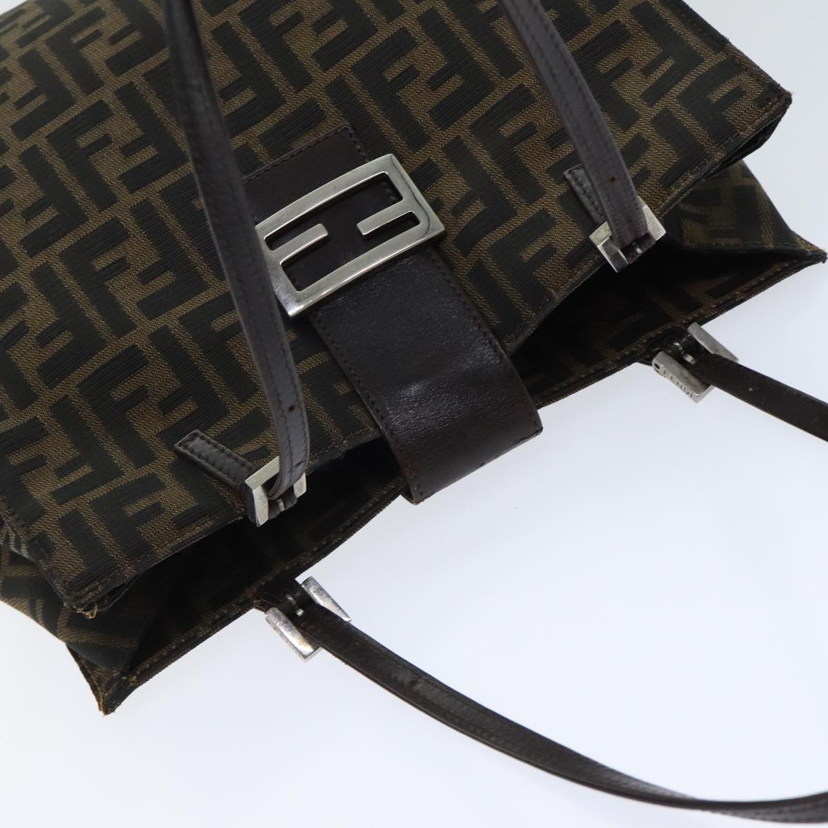 FENDI Zucca Canvas Shoulder Bag Black Silver Brown Auth 93885