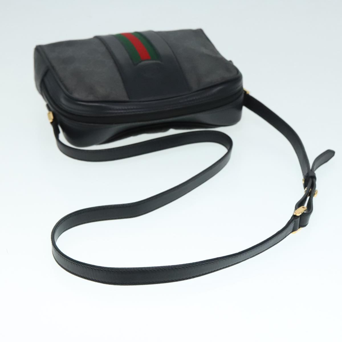 GUCCI GG Canvas Web Sherry Line Shoulder Bag Black Gold Auth 93954