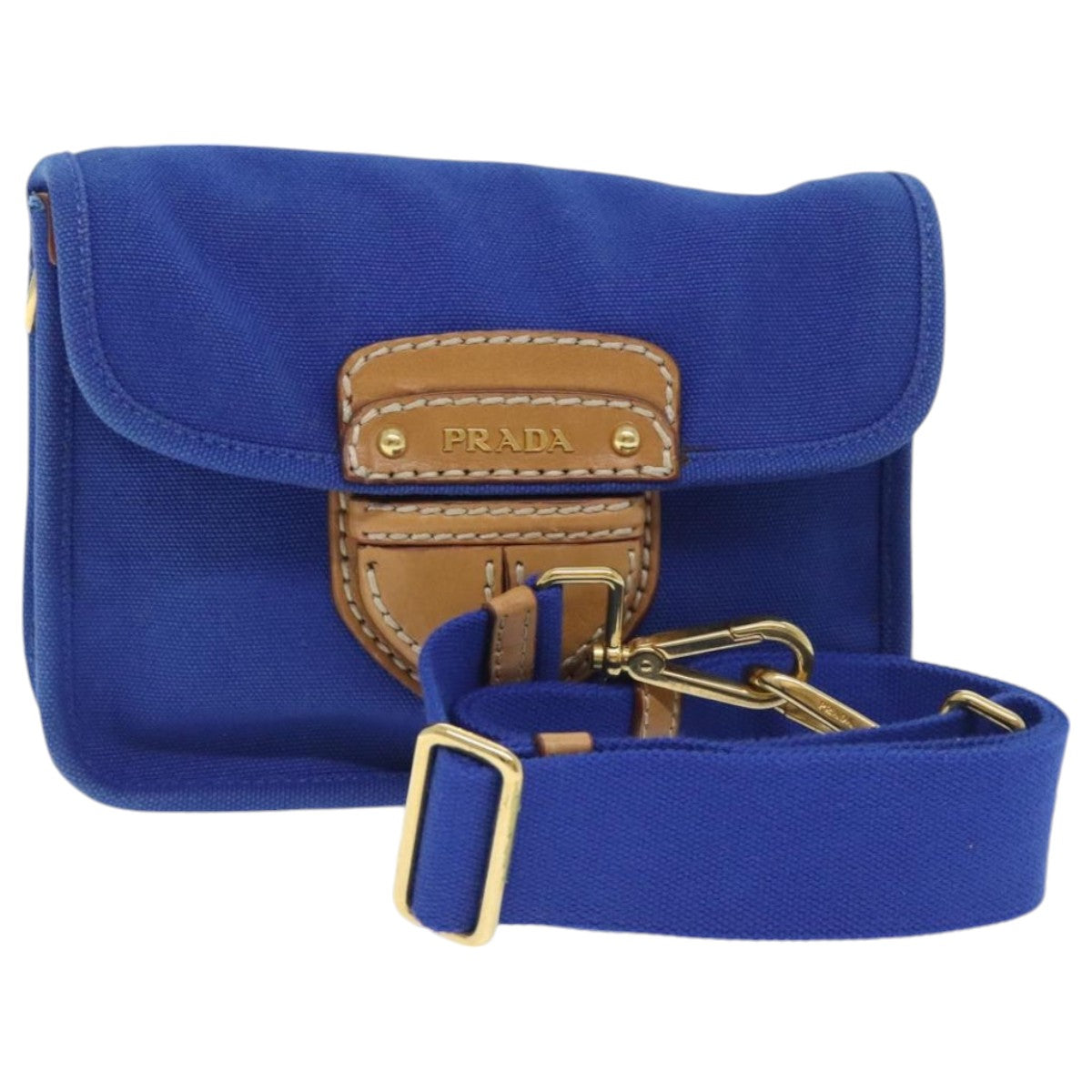 PRADA Shoulder Bag Canvas Blue Gold Auth 93988