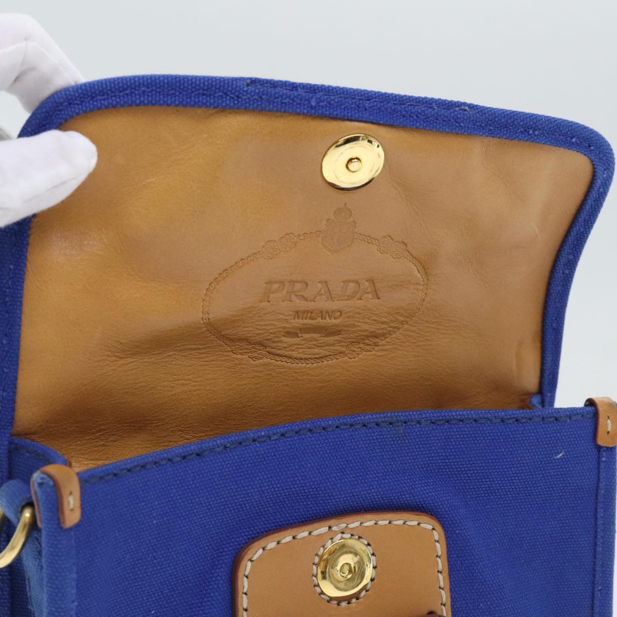 PRADA Shoulder Bag Canvas Blue Gold Auth 93988