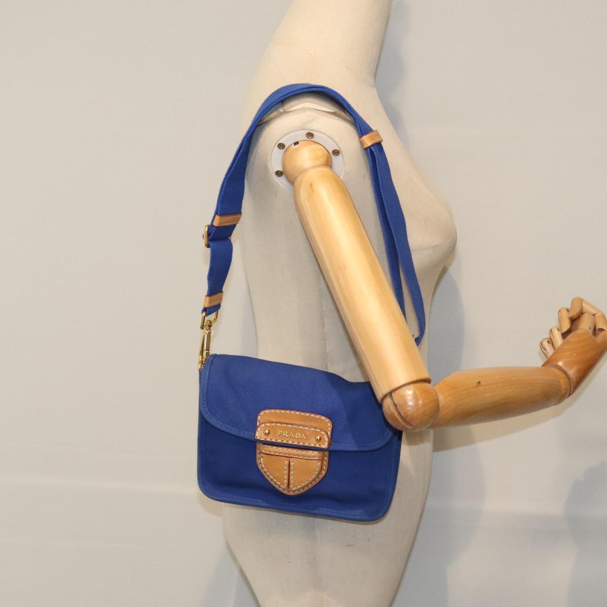 PRADA Shoulder Bag Canvas Blue Gold Auth 93988