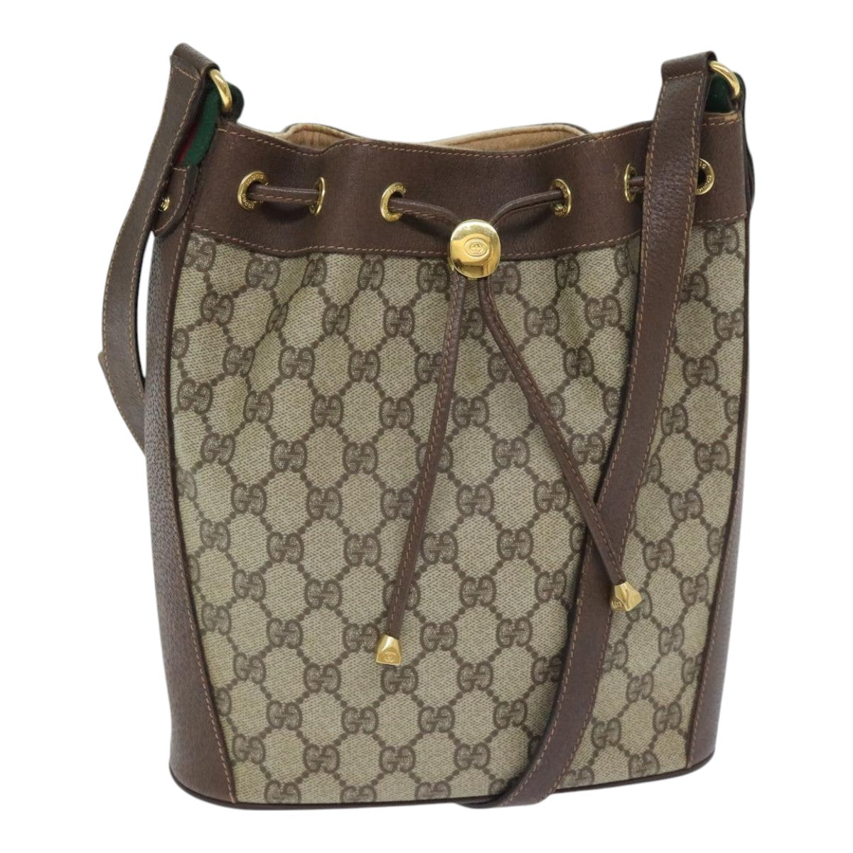 GUCCI GG Canvas Web Sherry Line Shoulder Bag PVC Leather Beige Green Auth 94008