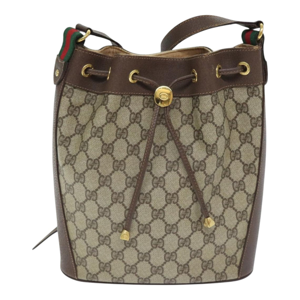 GUCCI GG Canvas Web Sherry Line Shoulder Bag PVC Leather Beige Green Auth 94008