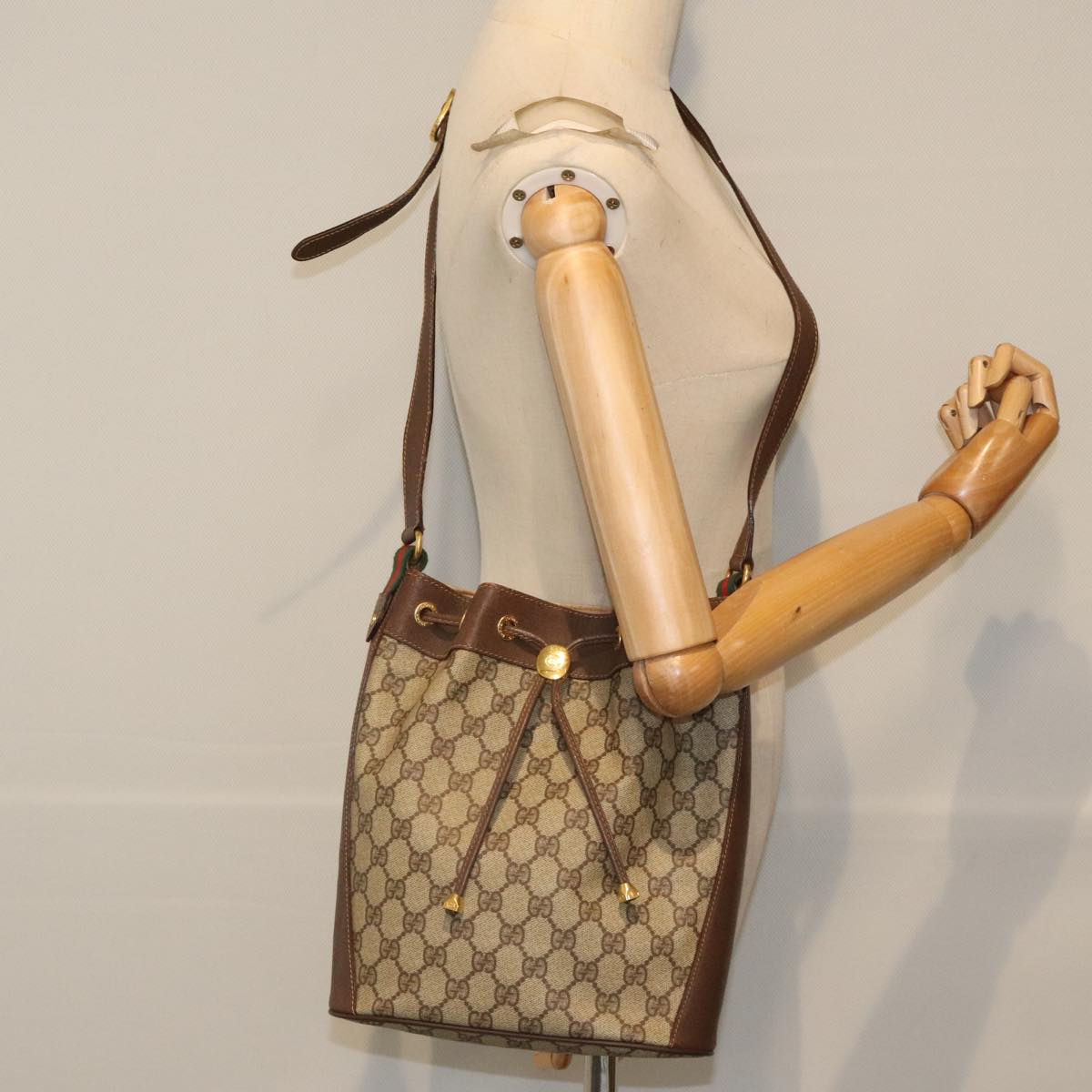 GUCCI GG Canvas Web Sherry Line Shoulder Bag PVC Leather Beige Green Auth 94008