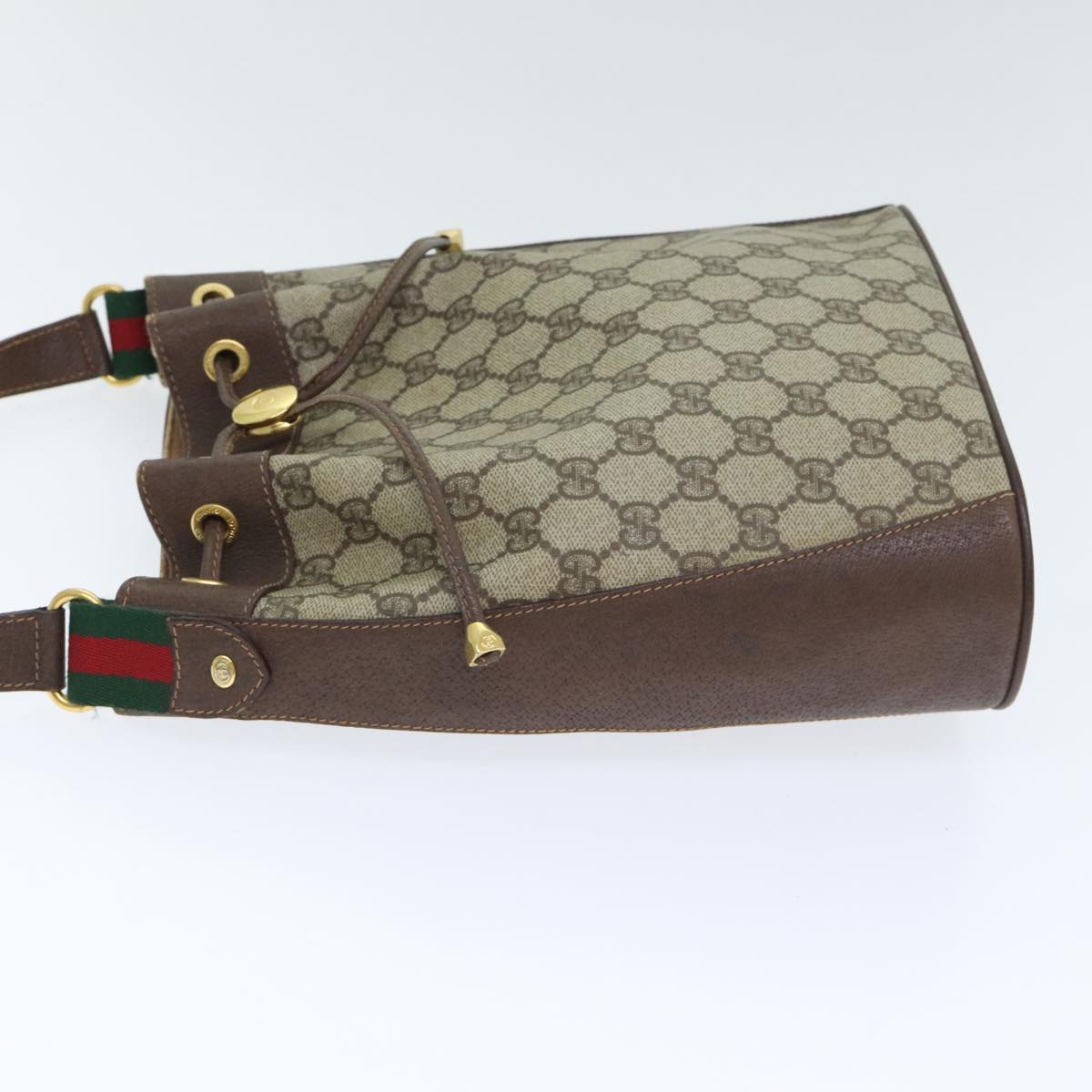 GUCCI GG Canvas Web Sherry Line Shoulder Bag PVC Leather Beige Green Auth 94008