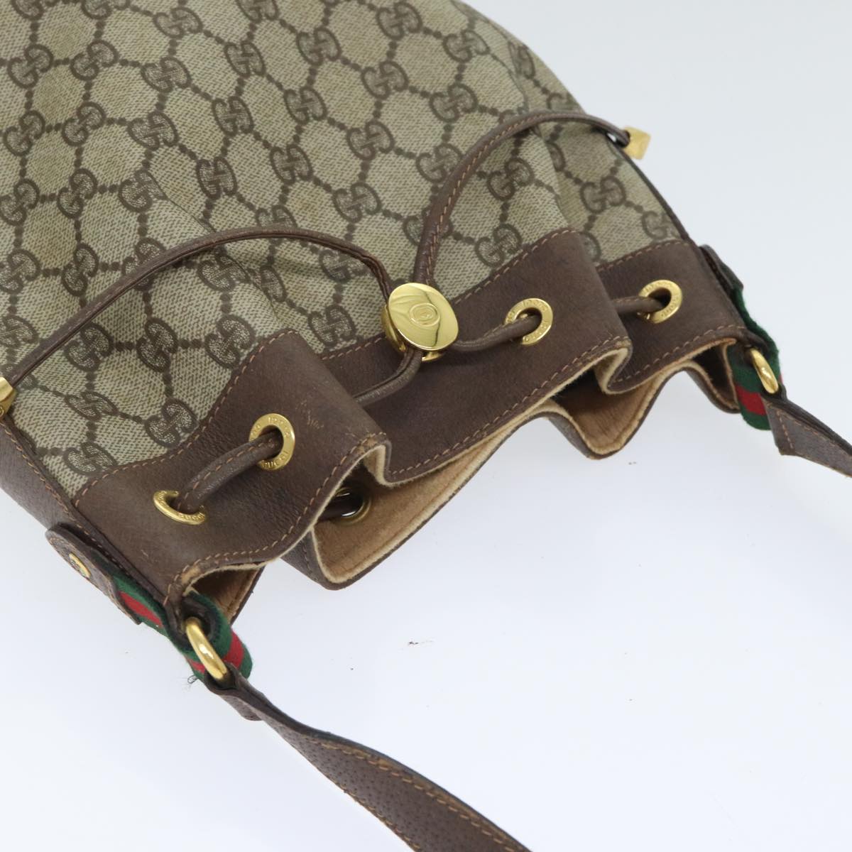 GUCCI GG Canvas Web Sherry Line Shoulder Bag PVC Leather Beige Green Auth 94008