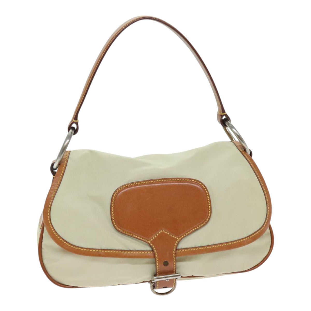 PRADA Shoulder Bag Nylon Beige Silver Auth 94013