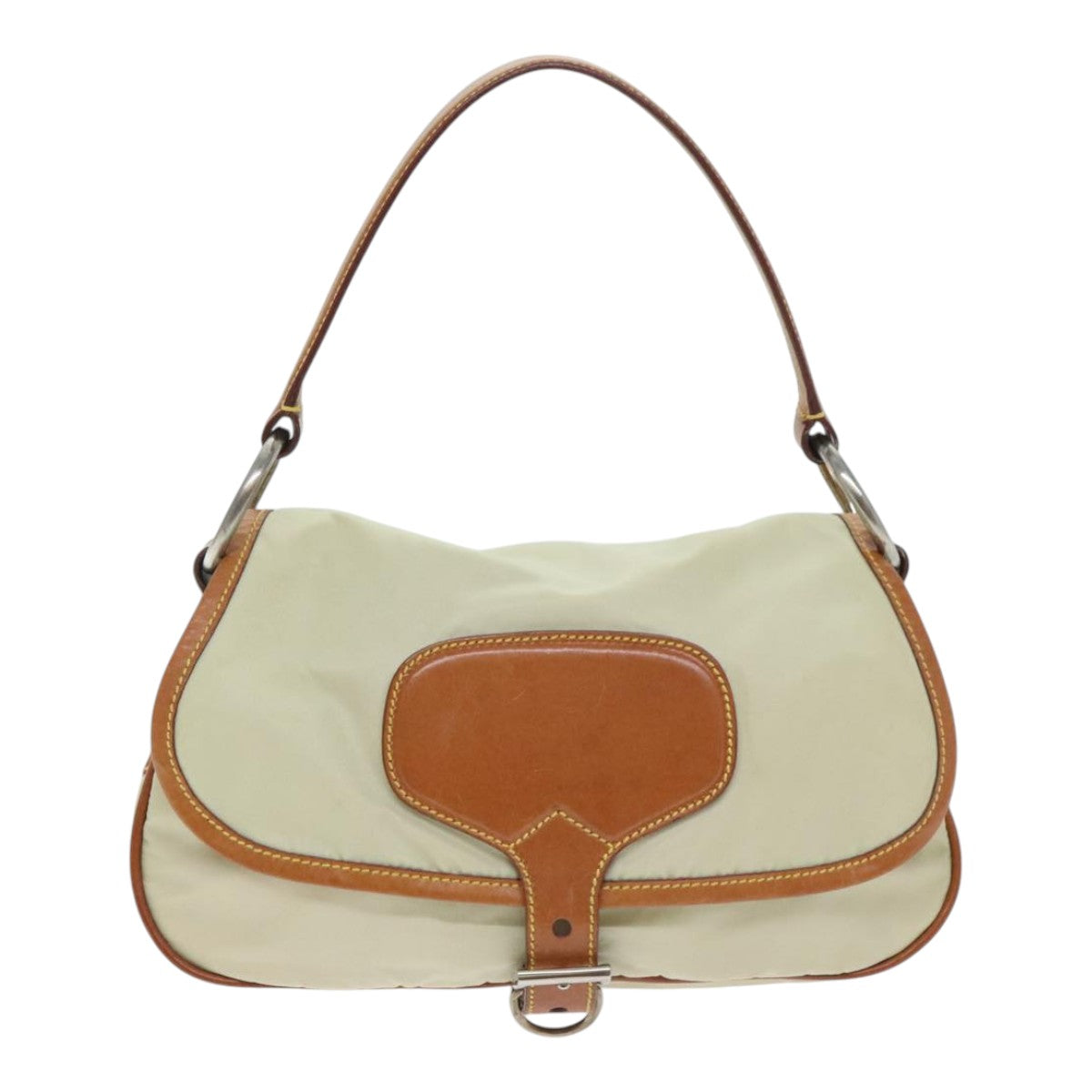 PRADA Shoulder Bag Nylon Beige Silver Auth 94013