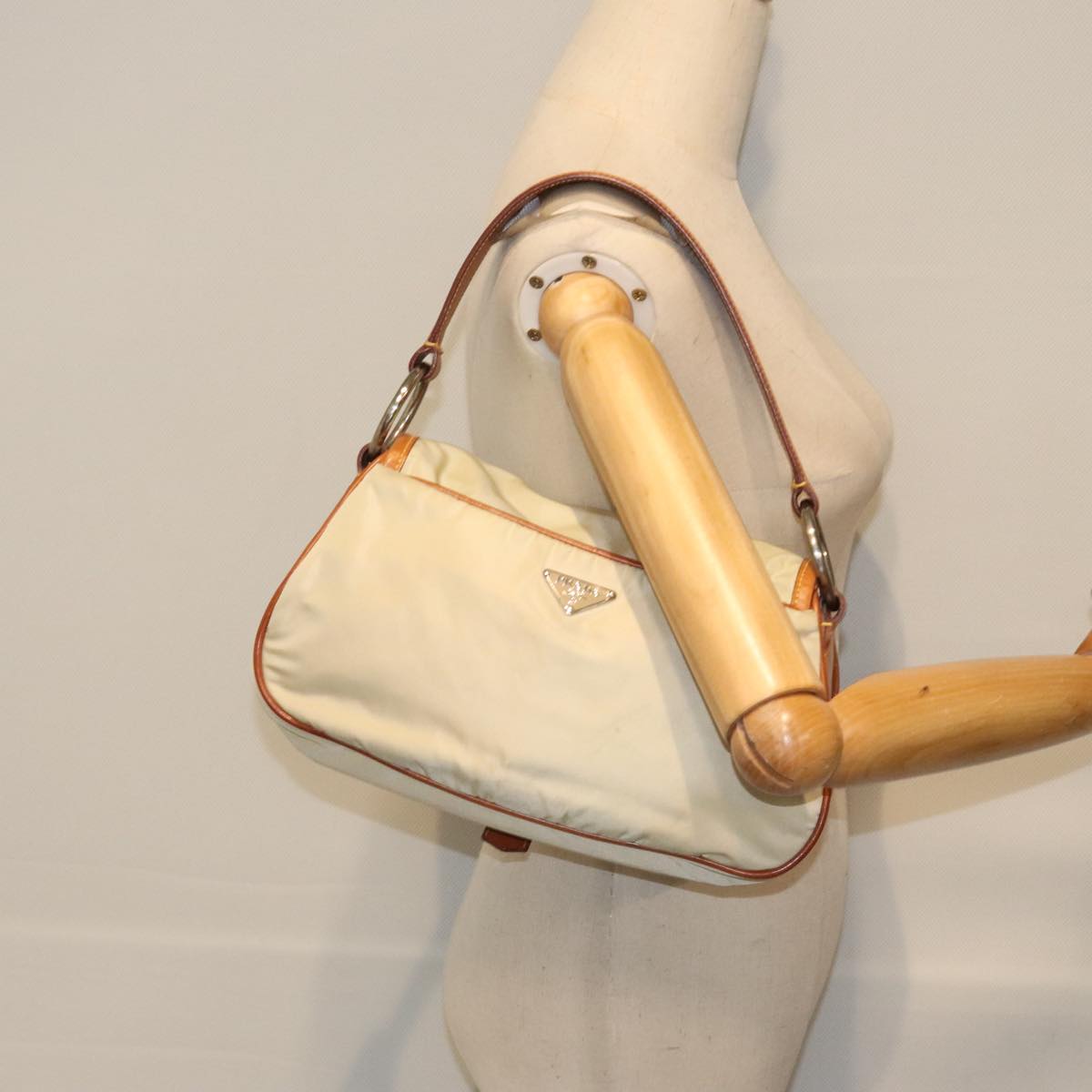 PRADA Shoulder Bag Nylon Beige Silver Auth 94013