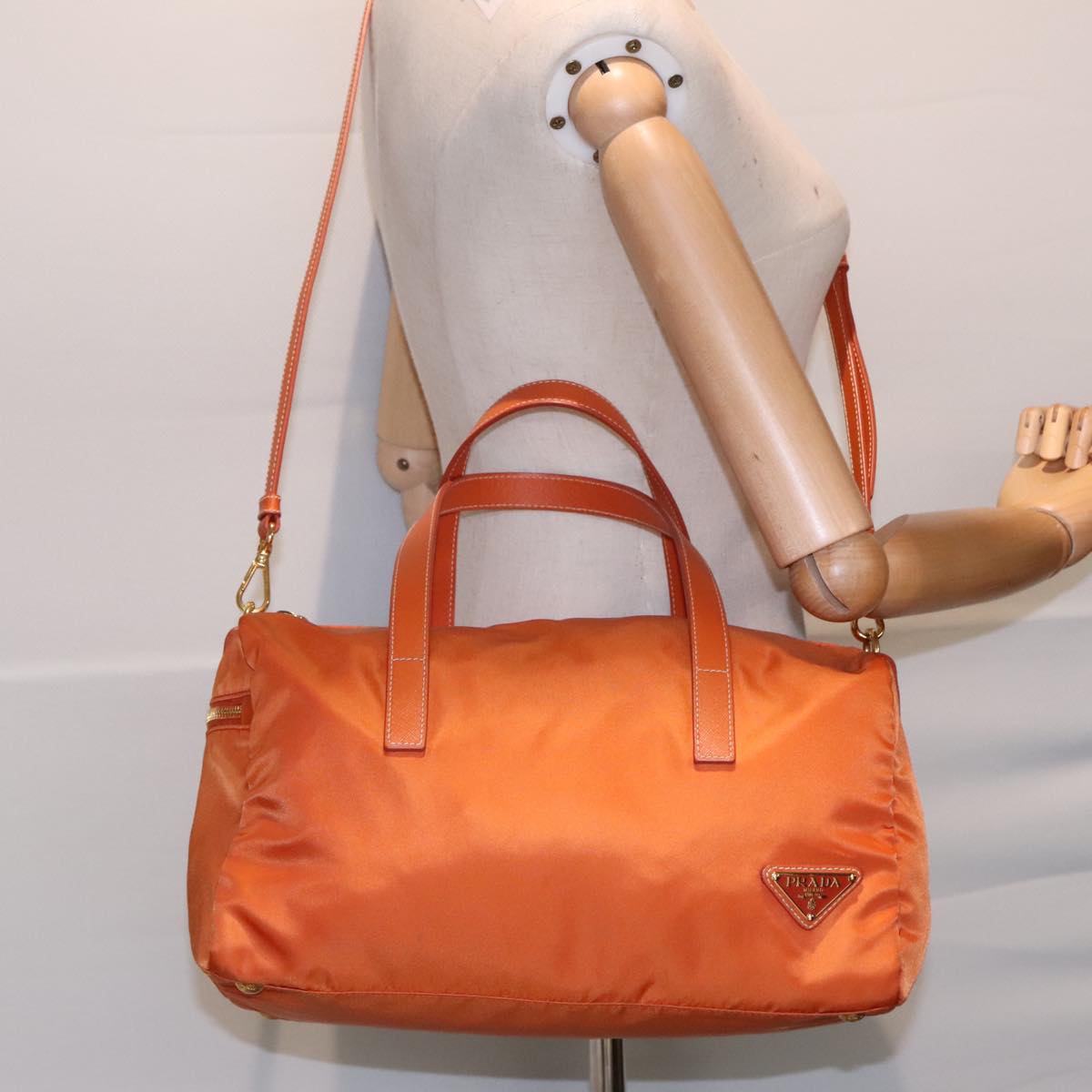 PRADA Boston Bag Nylon 2way Orange Gold Auth 94020