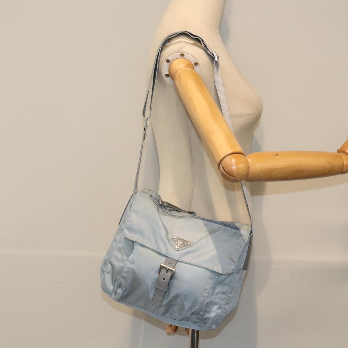 PRADA Shoulder Bag Nylon Light Blue Silver Auth 94021