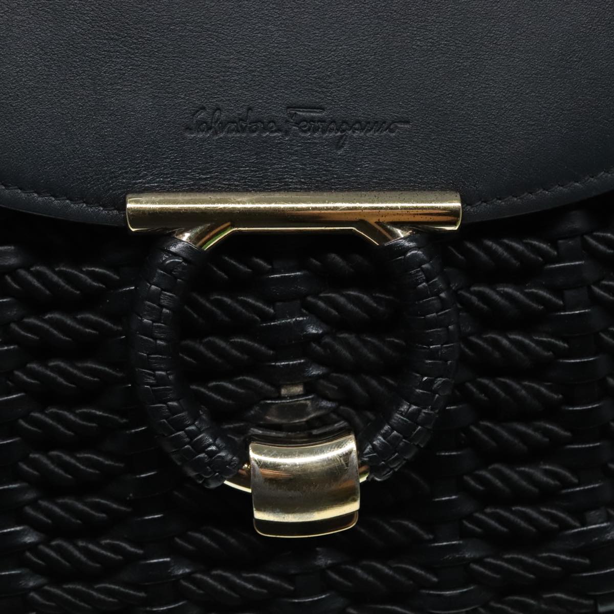 Salvatore Ferragamo Margot Hand Bag Leather 2way Black Gold Auth 94031