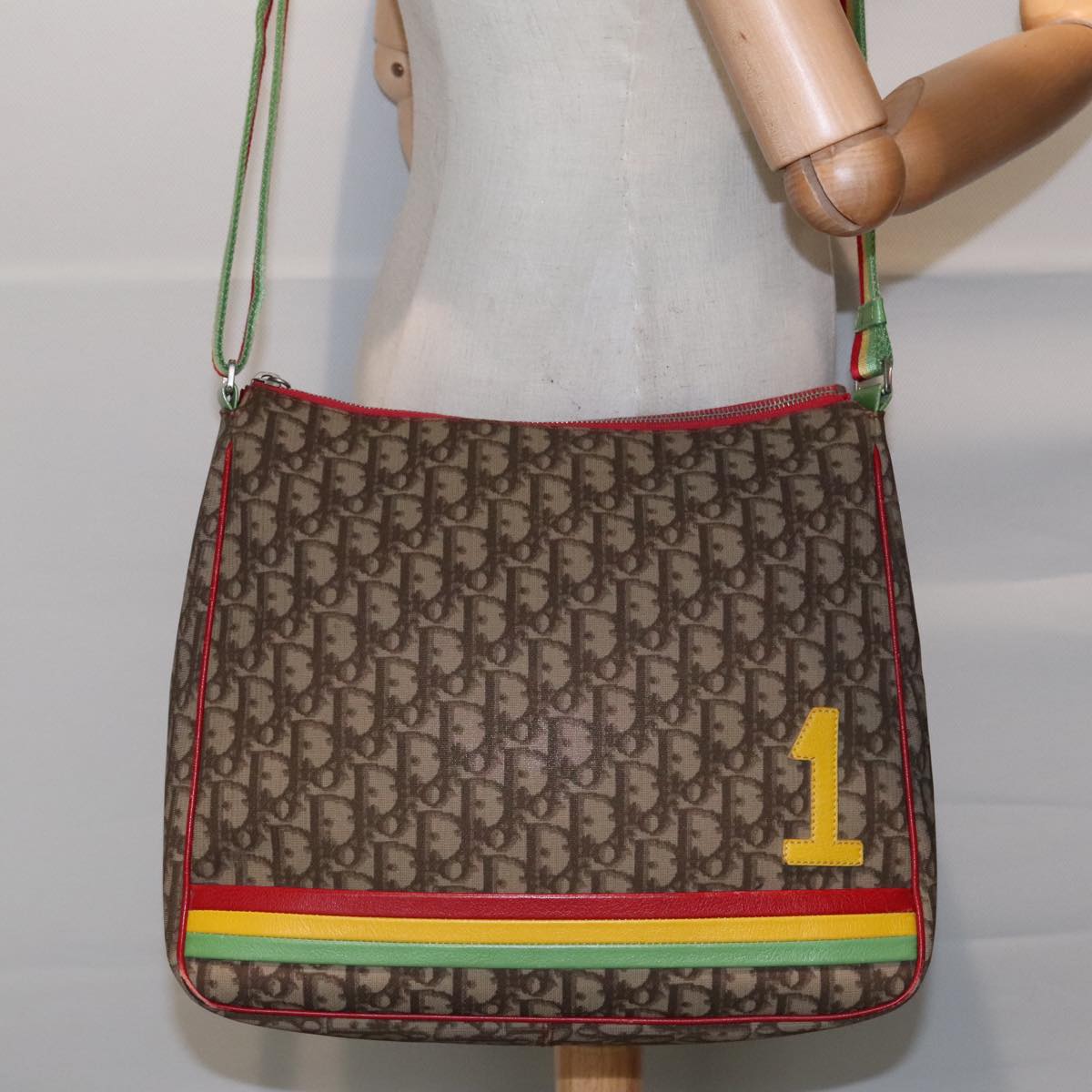 Christian Dior Trotter Canvas Shoulder Bag Rasta Color Beige Auth 94034