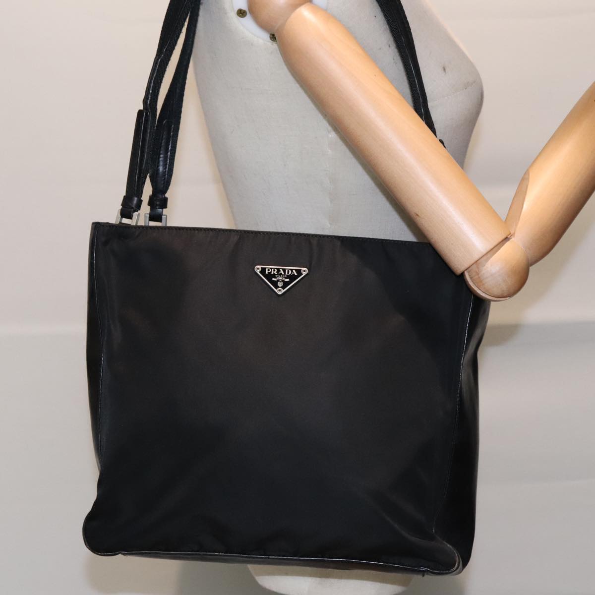 PRADA Tote Bag Nylon Black Silver Auth 94044