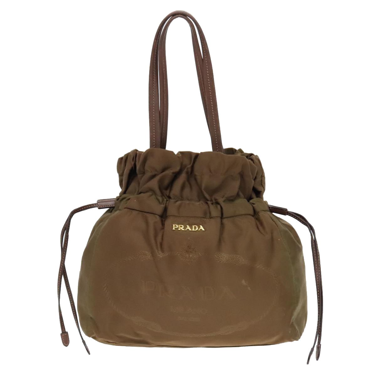 PRADA Tote Bag Nylon Khaki Gold Auth 94055