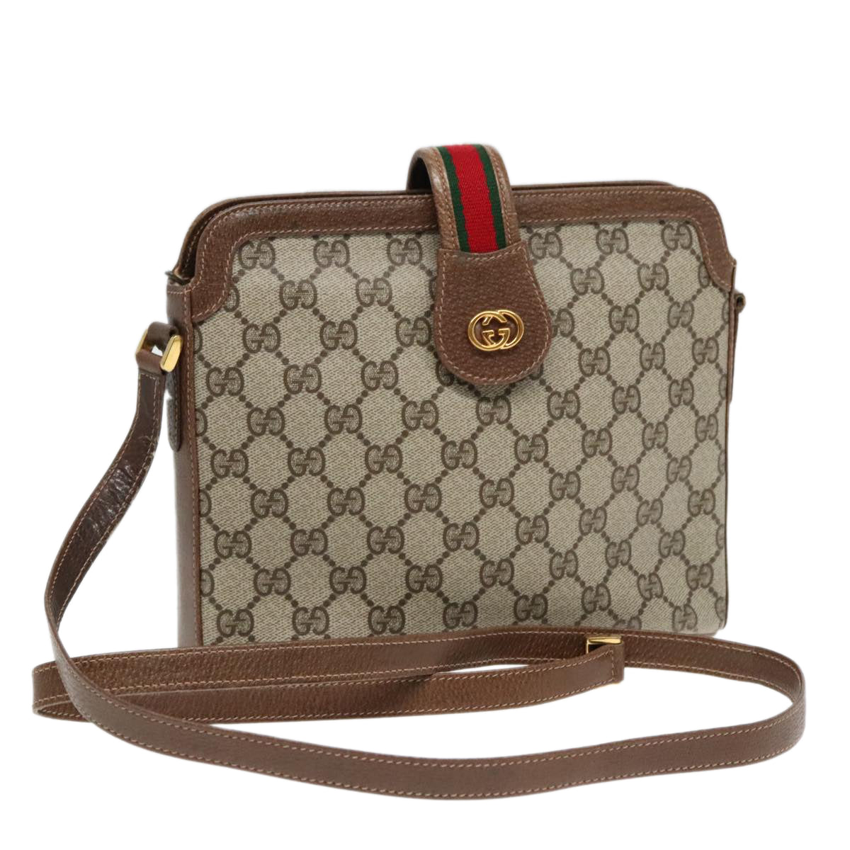 GUCCI GG Supreme Web Sherry Line Shoulder Bag PVC Beige Gold Auth 94056