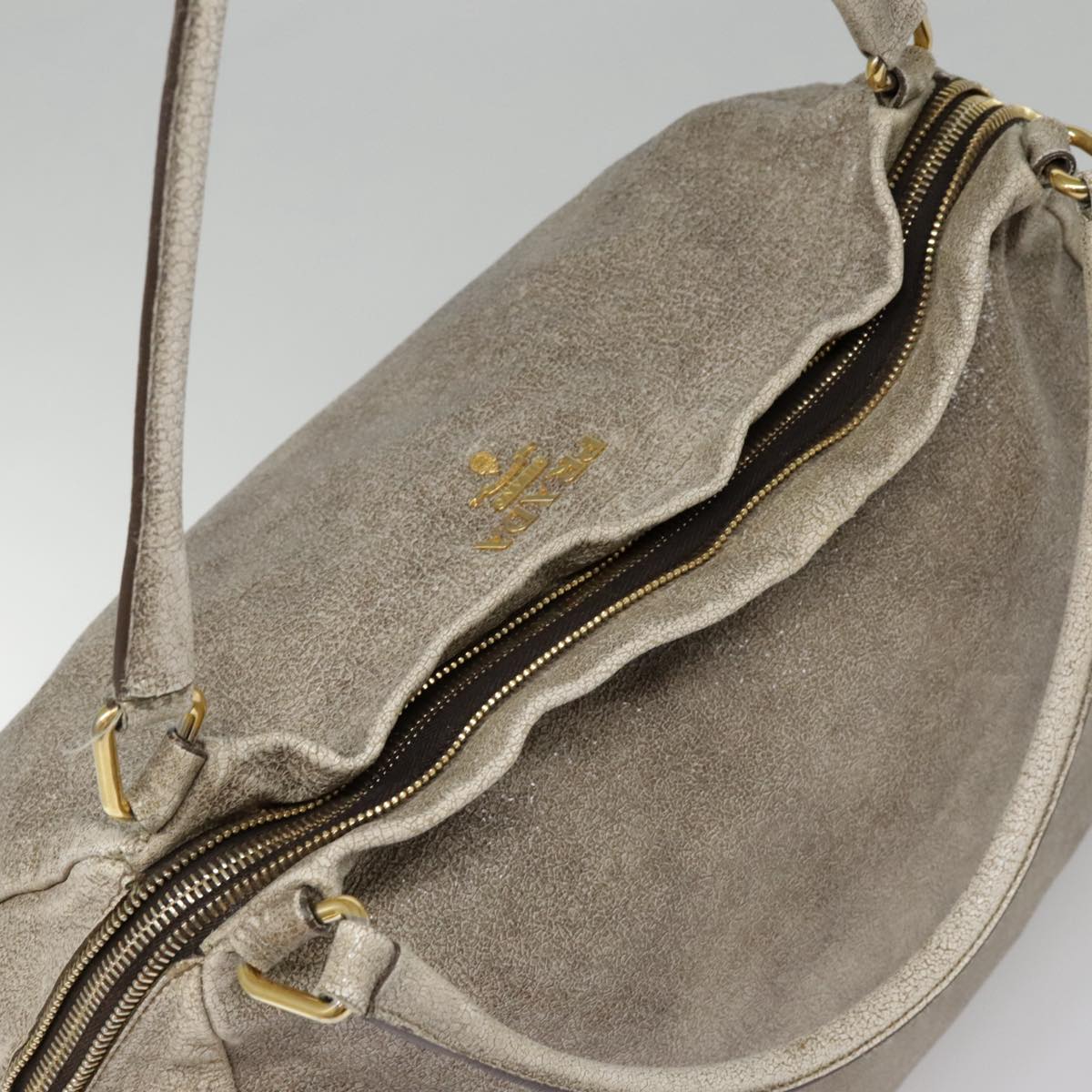 PRADA Shoulder Bag Leather Beige Gold Auth 94057