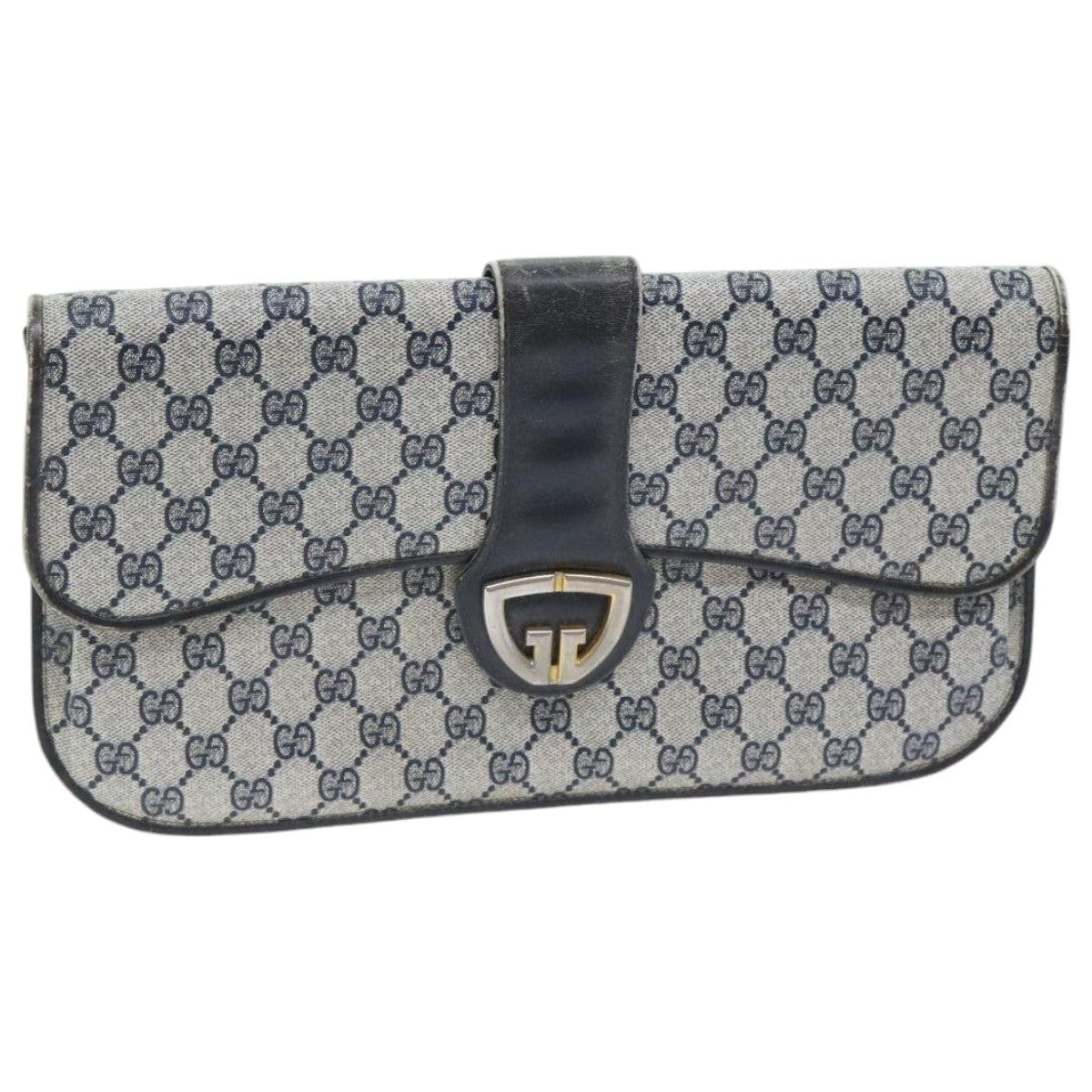 GUCCI GG Supreme Clutch Bag PVC Navy Gold Auth 94062