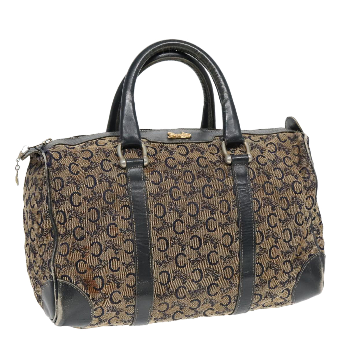 CELINE C Sulky Boston Bag Canvas Navy Gold Auth 94063