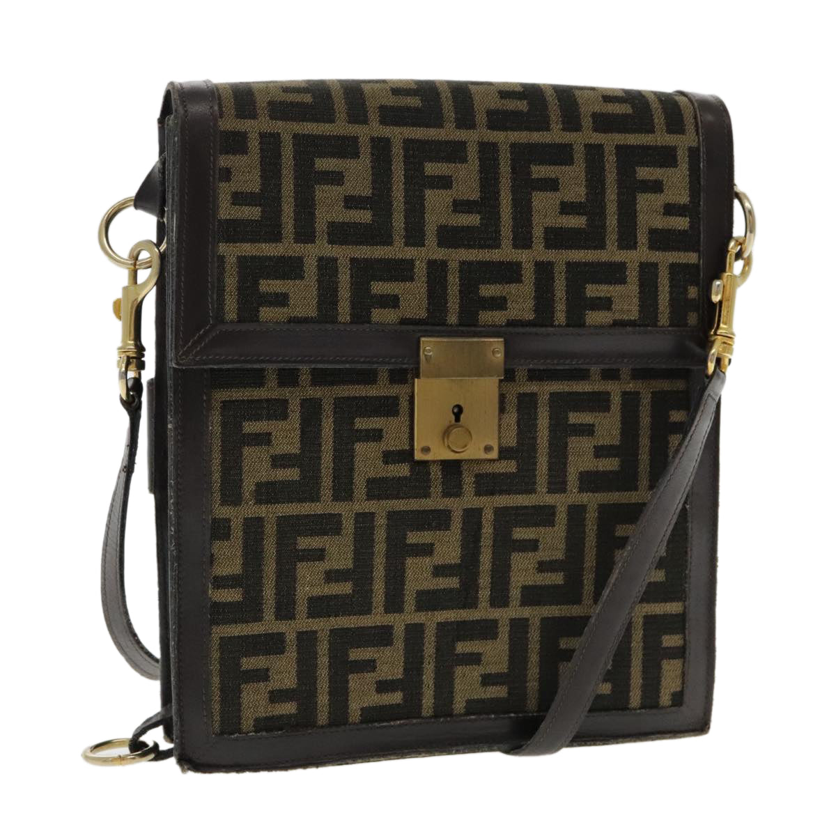 FENDI Zucca Canvas Shoulder Bag Brown Black Gold Auth 94107