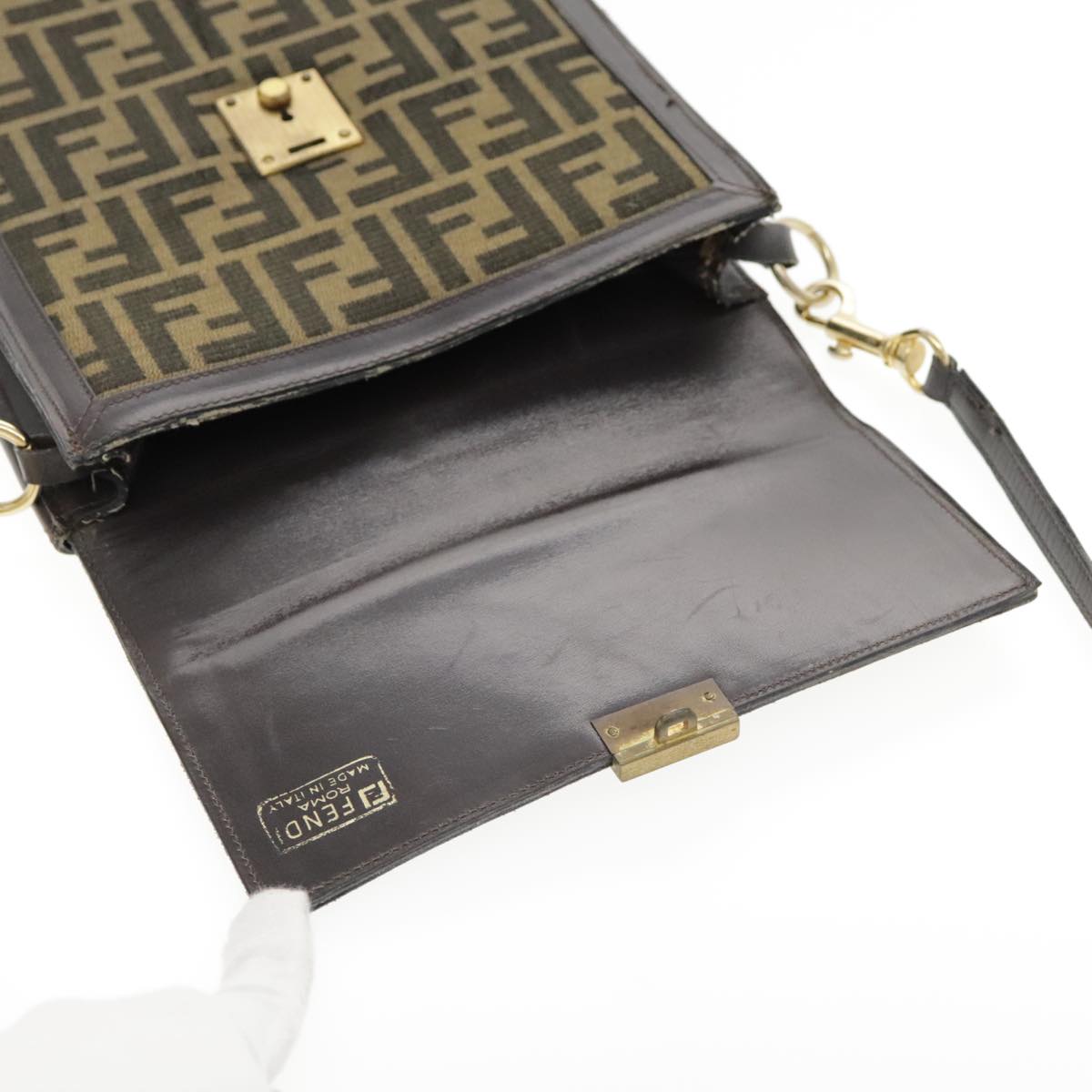 FENDI Zucca Canvas Shoulder Bag Brown Black Gold Auth 94107