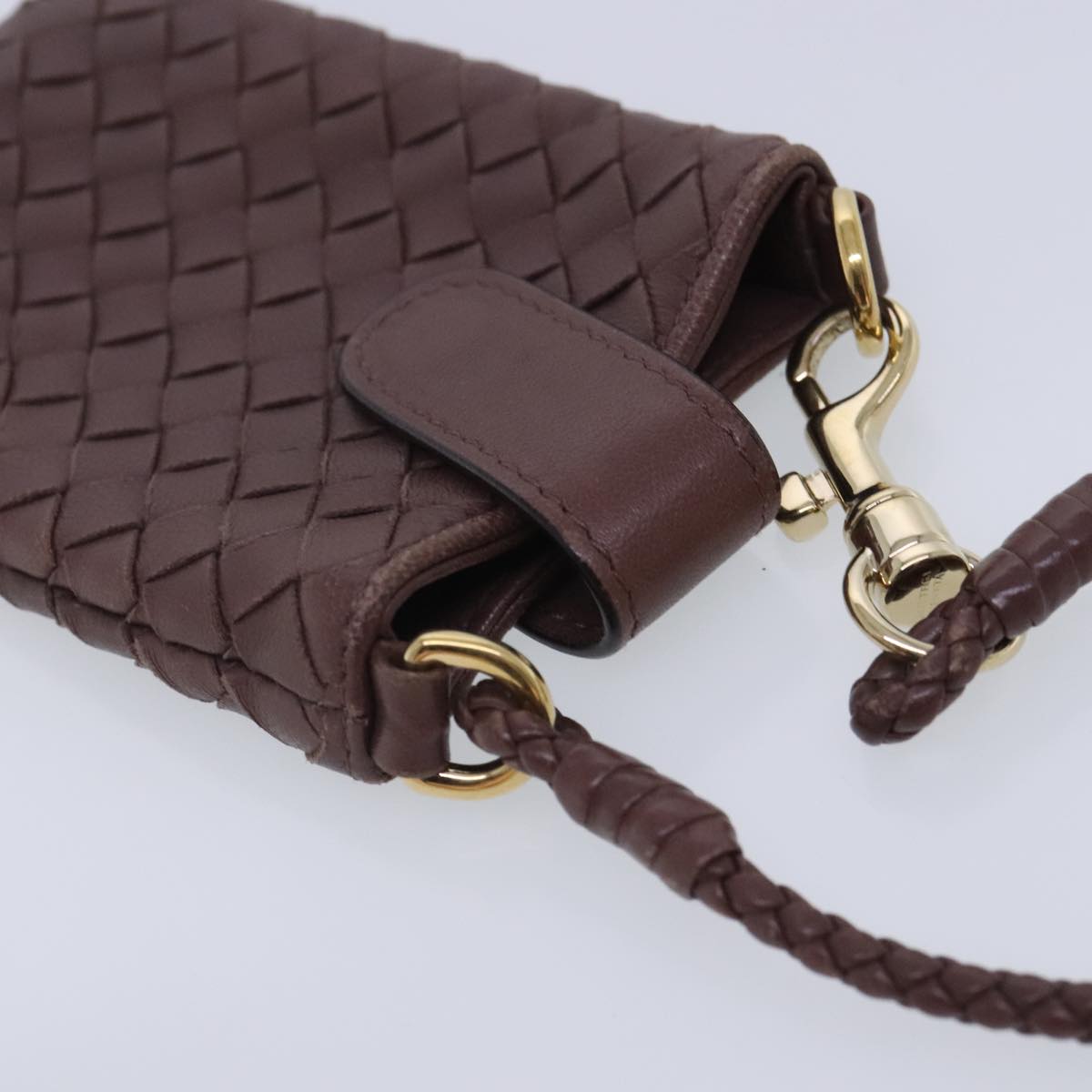 BOTTEGA VENETA INTRECCIATO Shoulder Pouch Leather Brown Gold Auth 94129