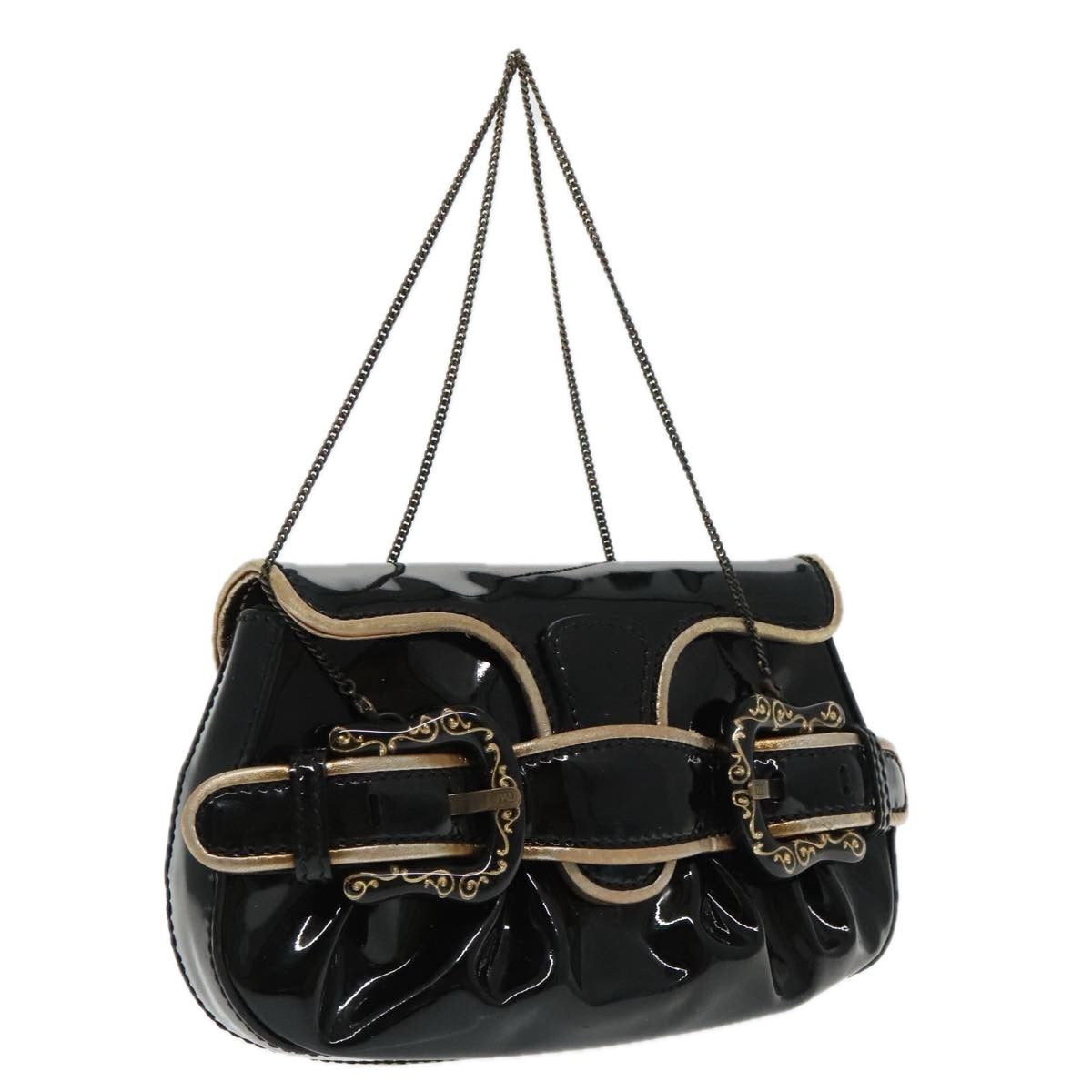 FENDI Chain Hand Bag Enamel Black Auth 94130