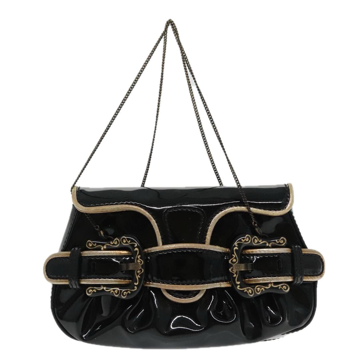 FENDI Chain Hand Bag Enamel Black Auth 94130