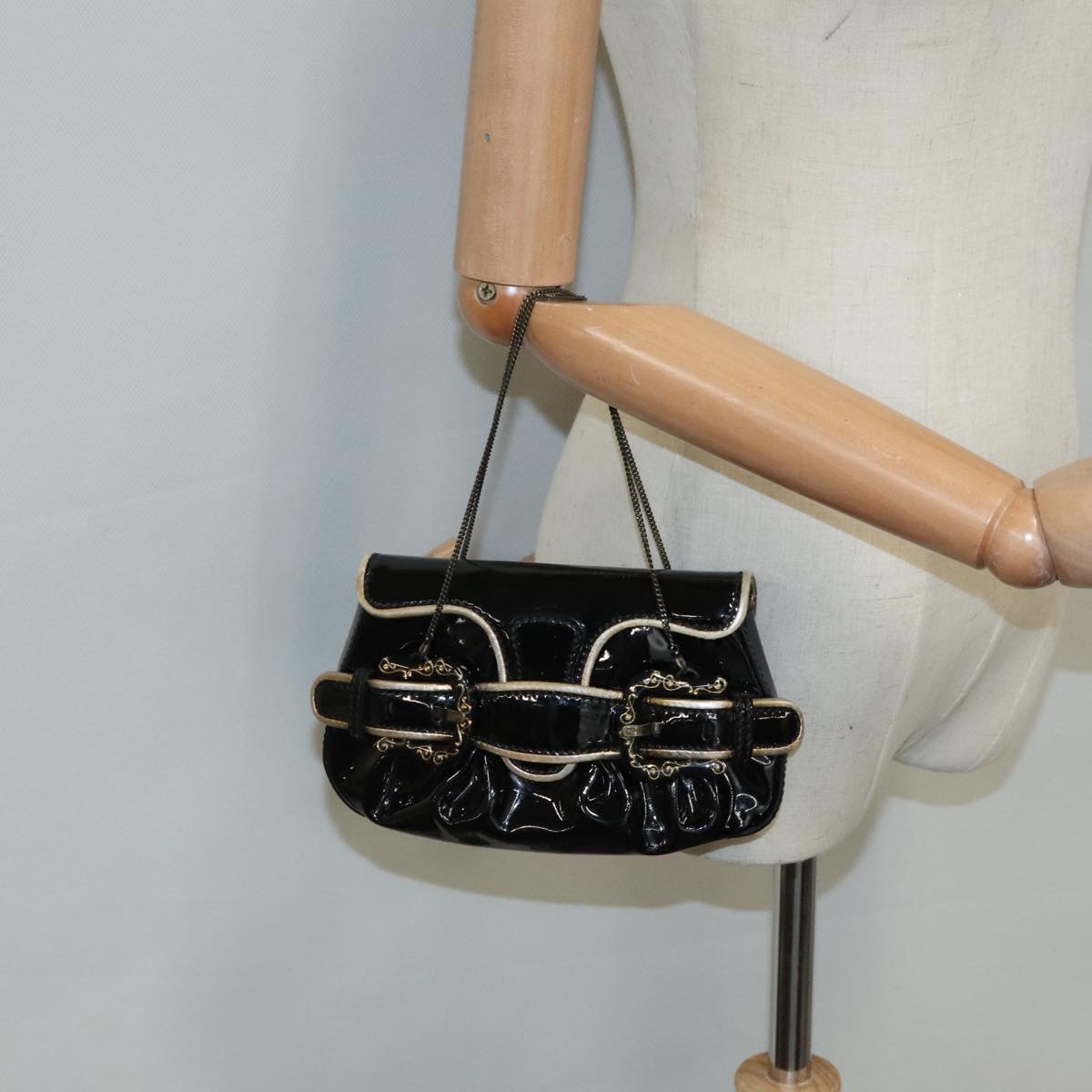 FENDI Chain Hand Bag Enamel Black Auth 94130