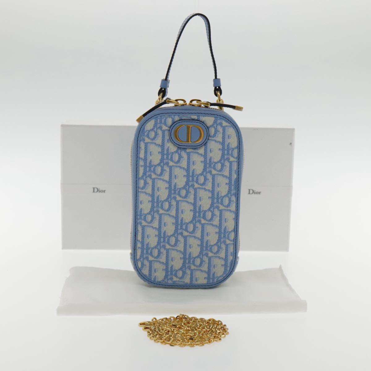 Christian Dior Chain Trotter Canvas Shoulder Bag Blue Gold Auth 94170SA