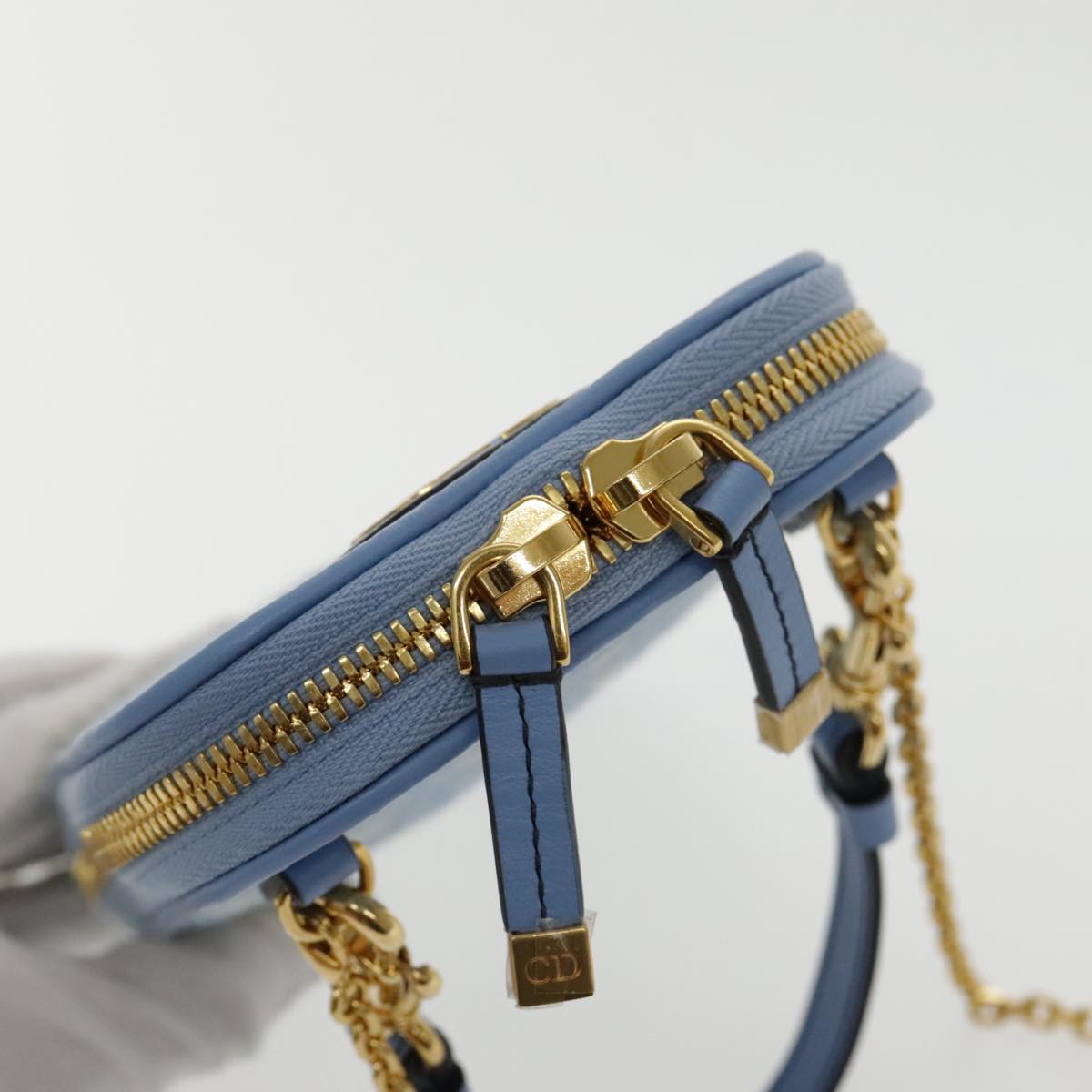 Christian Dior Chain Trotter Canvas Shoulder Bag Blue Gold Auth 94170SA