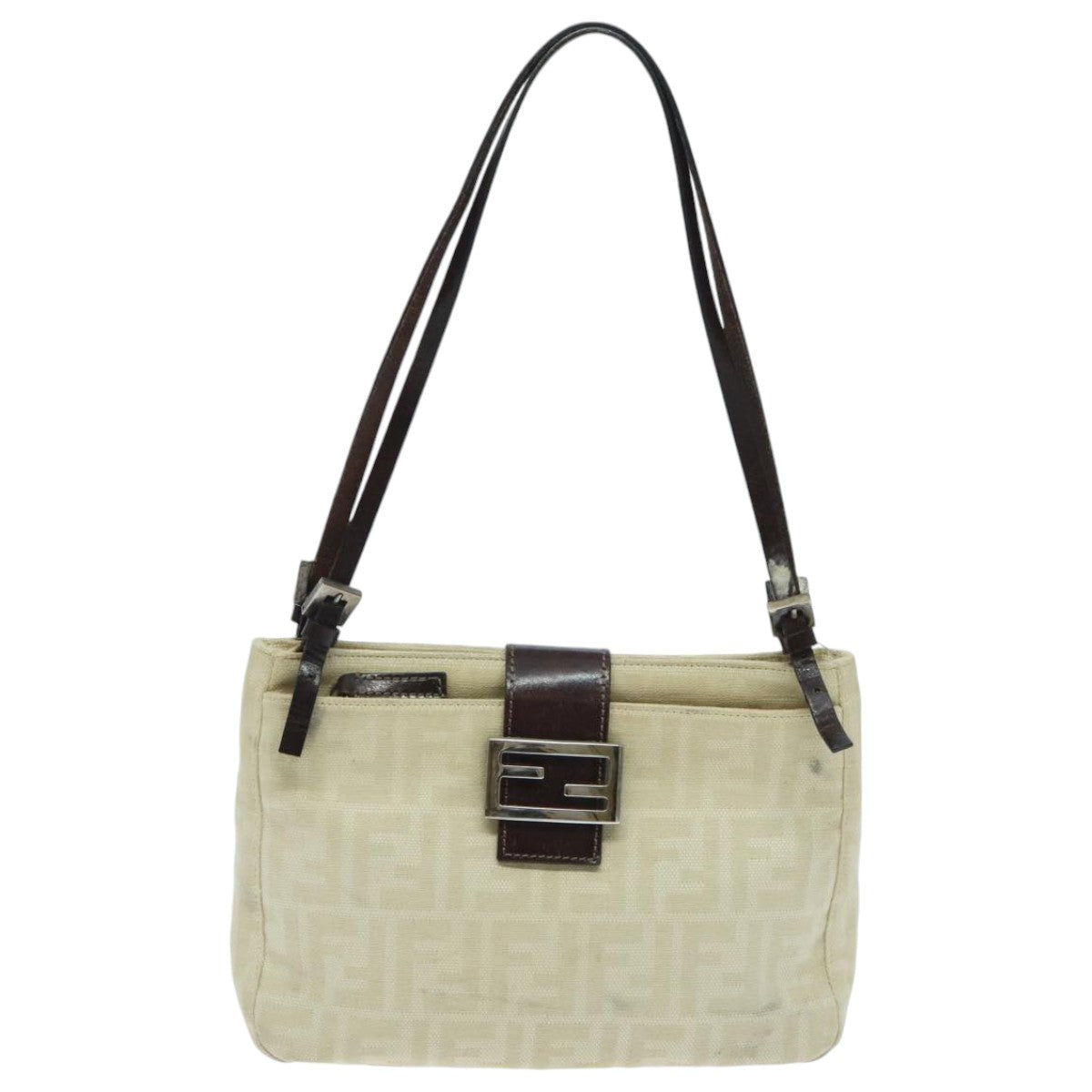 FENDI Zucca Canvas Mamma Baguette Shoulder Bag White Silver Auth 94184