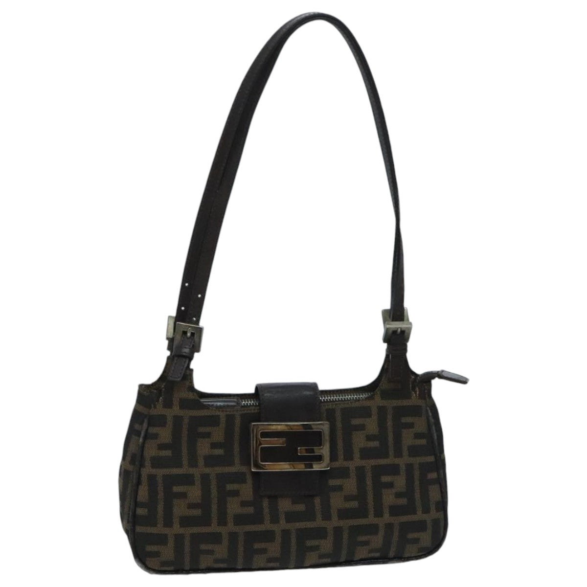 FENDI Zucca Canvas Mamma Baguette Shoulder Bag Black Brown Auth 94185