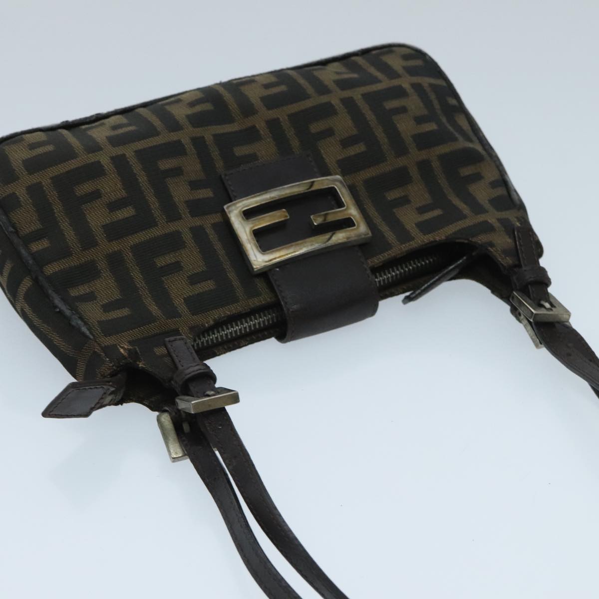 FENDI Zucca Canvas Mamma Baguette Shoulder Bag Black Brown Auth 94185