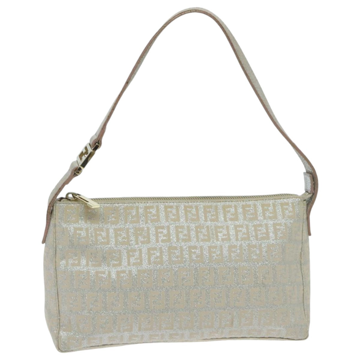 FENDI Zucchino Canvas Shoulder Bag Beige Gold Auth 94187