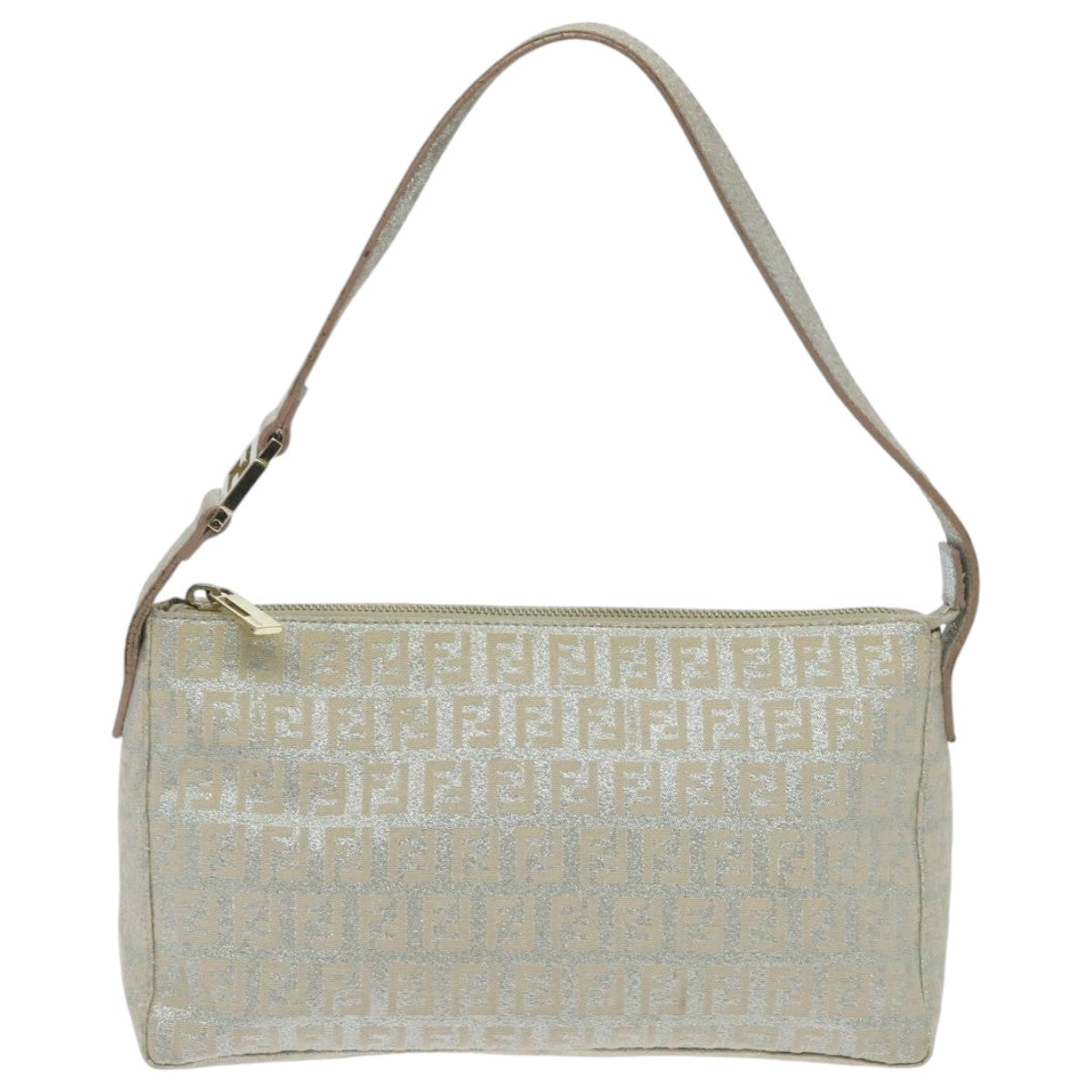 FENDI Zucchino Canvas Shoulder Bag Beige Gold Auth 94187