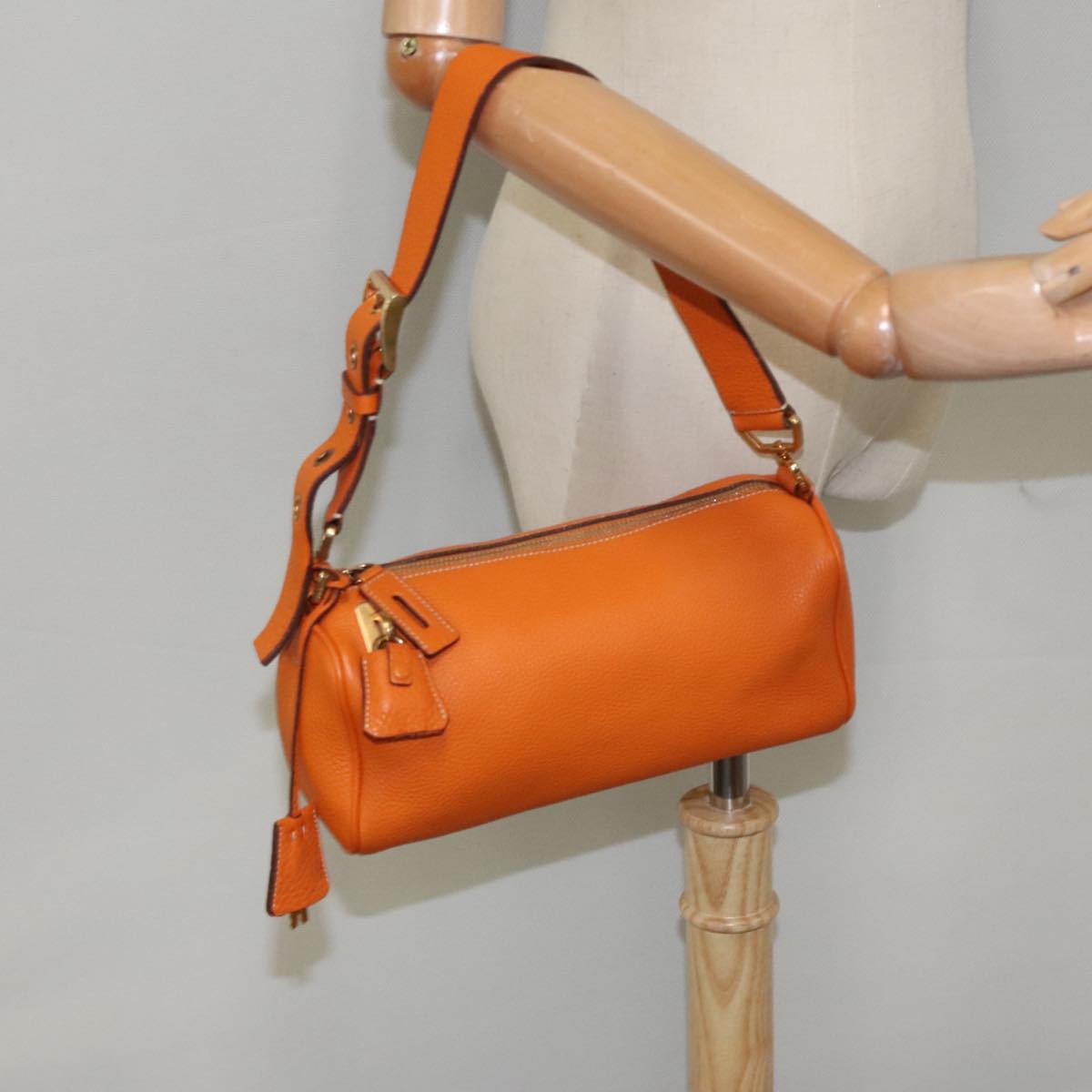 PRADA Shoulder Bag Leather Orange Gold Auth 94190