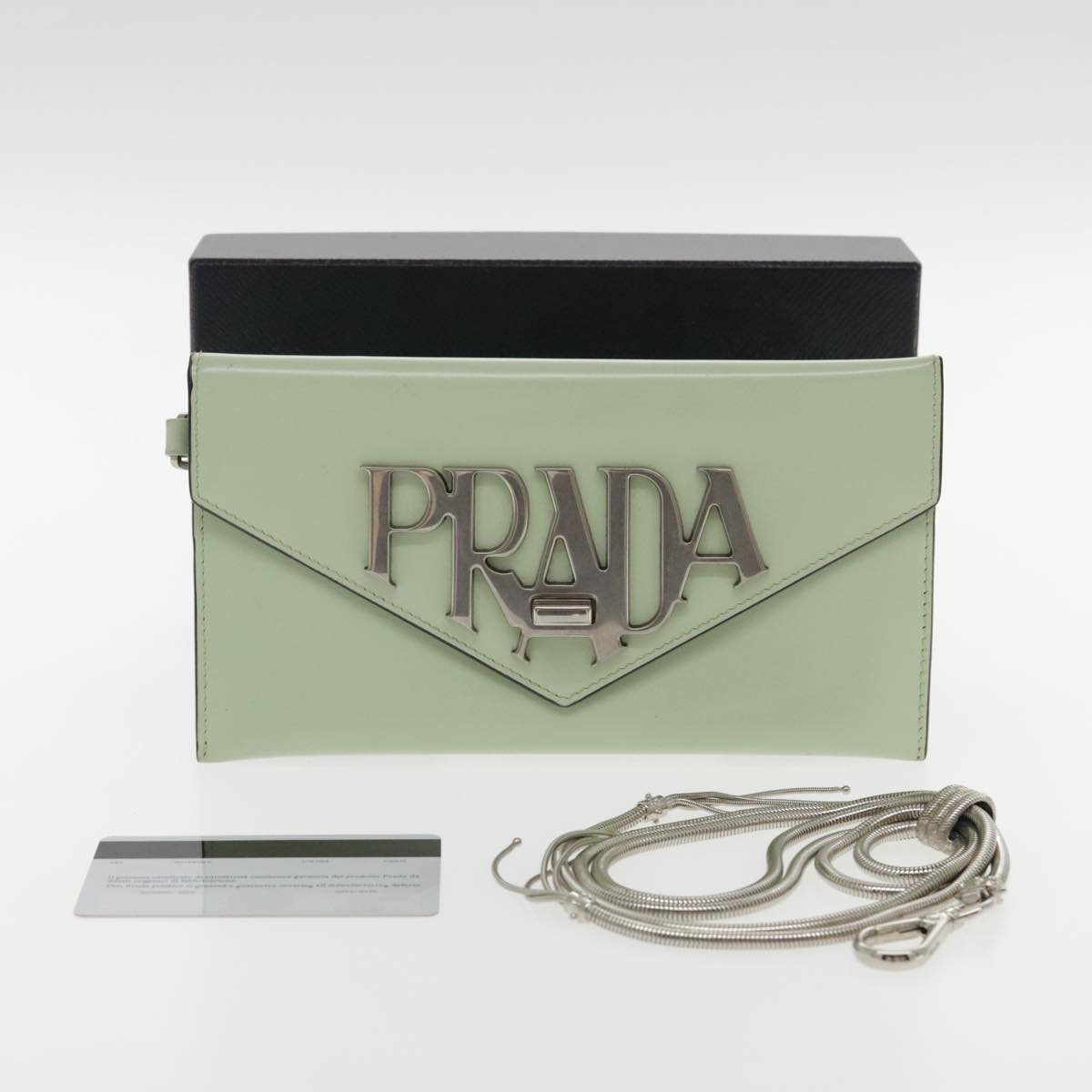 PRADA Chain Long Wallet Leather Peppermint Silver Auth 94192