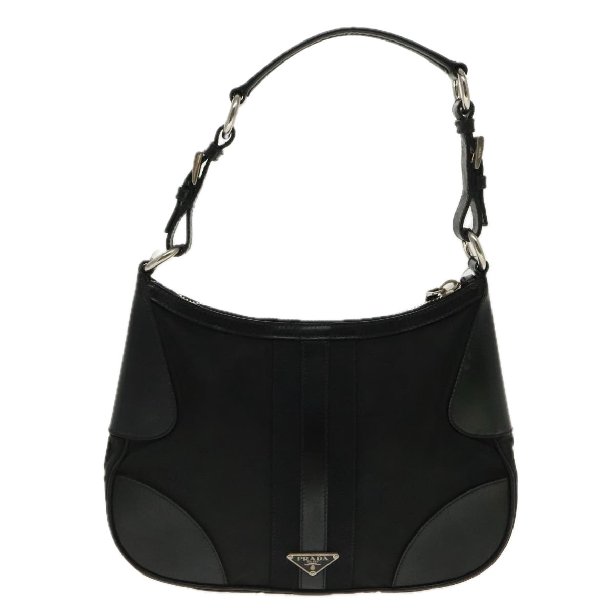 PRADA Shoulder Bag Nylon Leather Black Silver Auth 94193 - 0