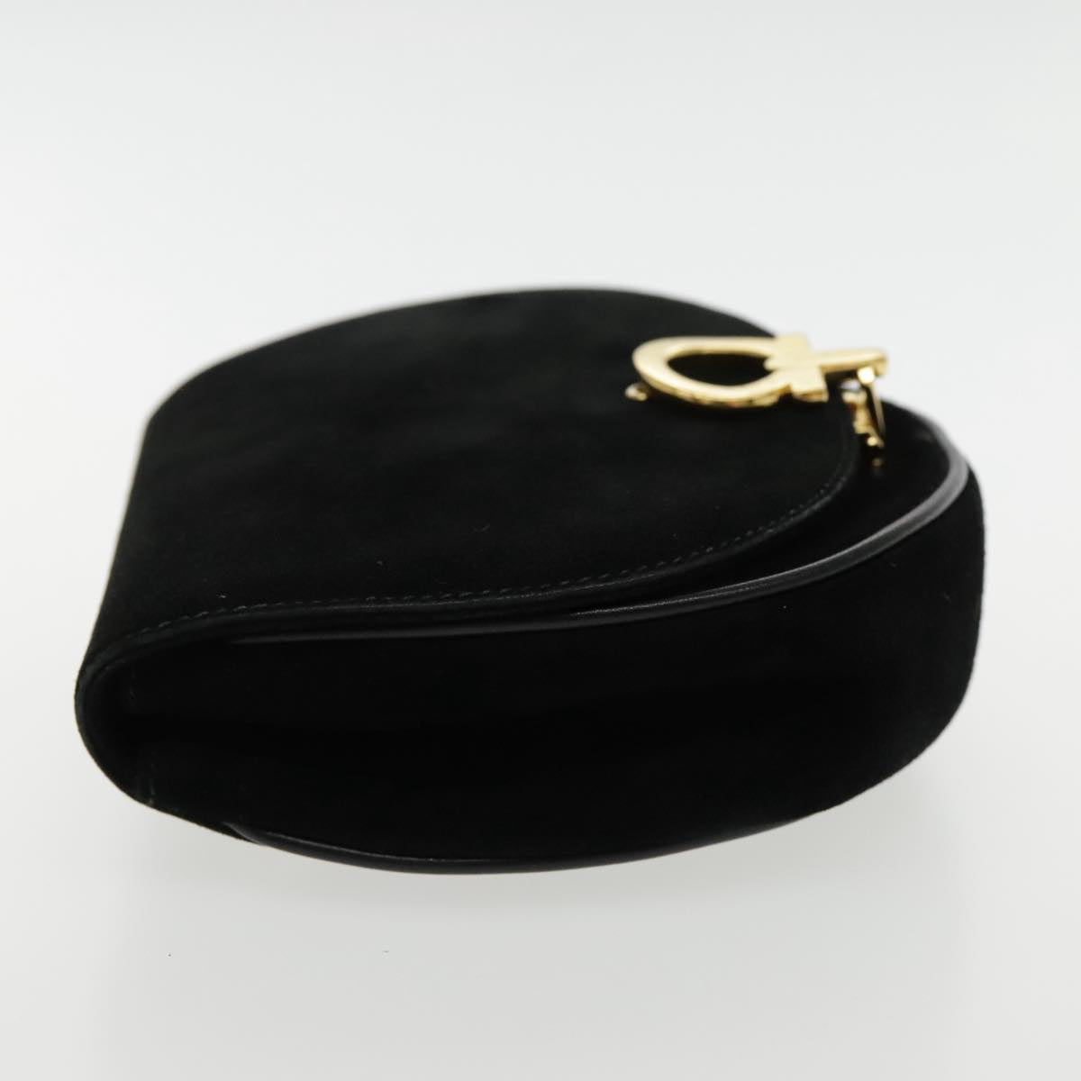 Salvatore Ferragamo Gancini Chain Shoulder Bag Suede Black Gold Auth 94201