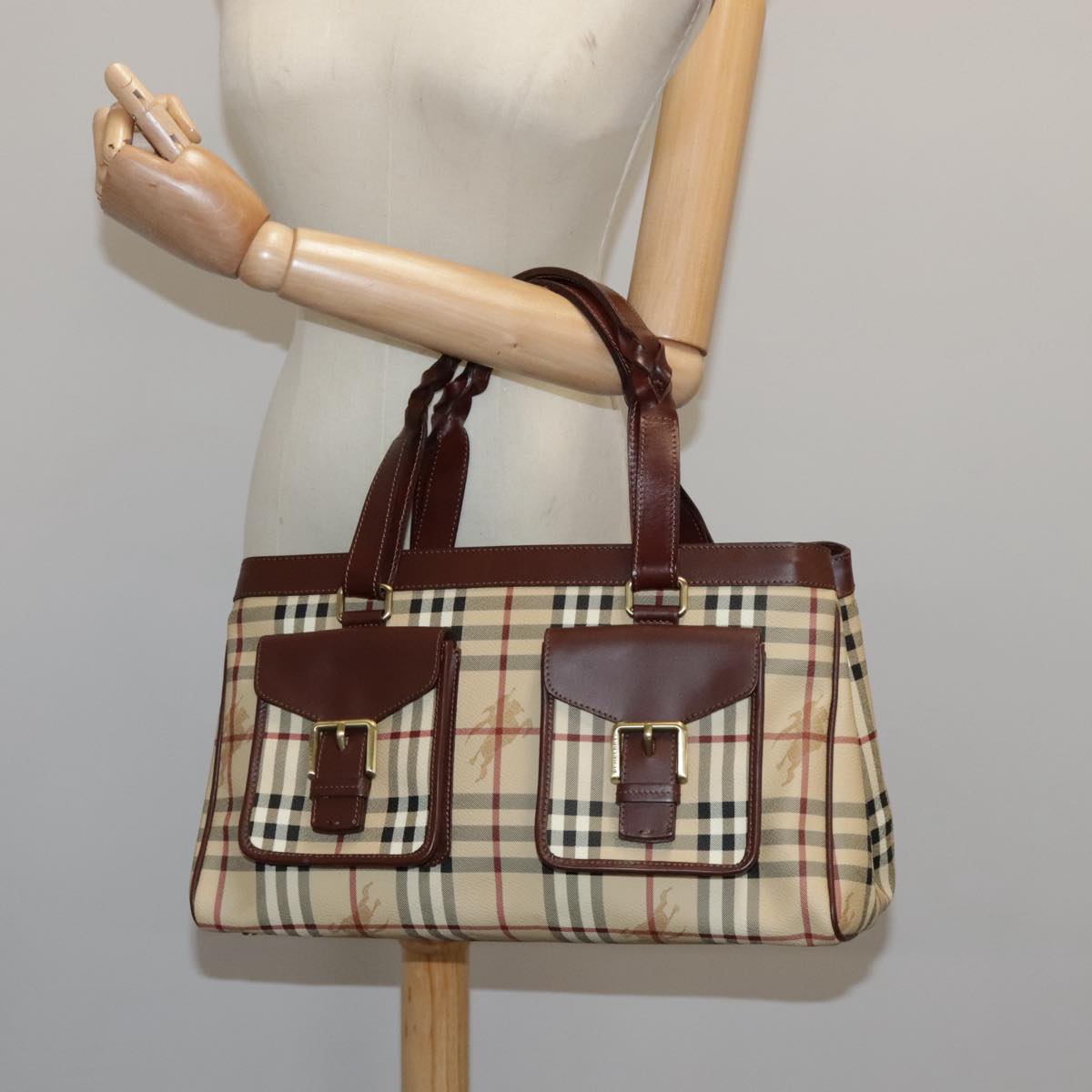 BURBERRY Nova Check Hand Bag PVC Beige Auth 94233