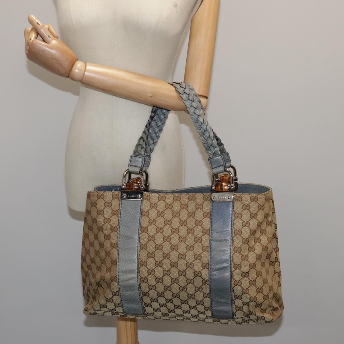 GUCCI GG Canvas Tote Bag Beige Silver 232947 Auth 94239