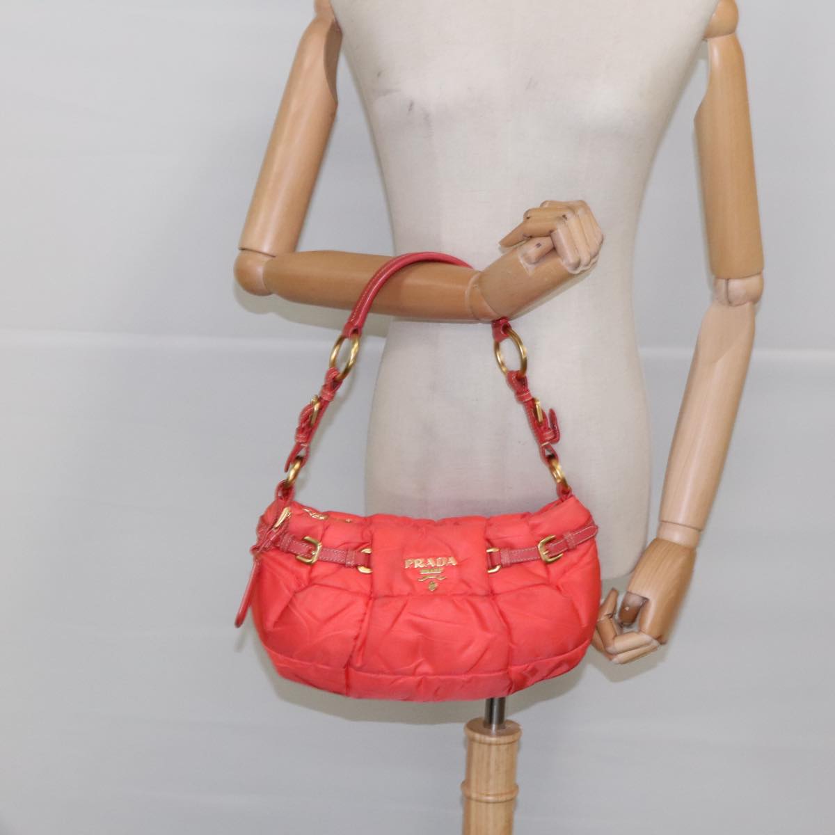 PRADA Shoulder Bag Nylon Orange Gold Auth 94250