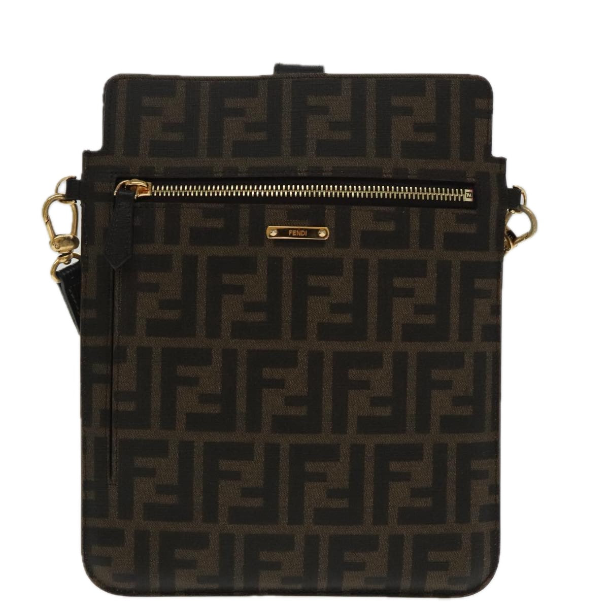 FENDI Zucca Canvas Shoulder Bag Black Brown gold Auth 94296