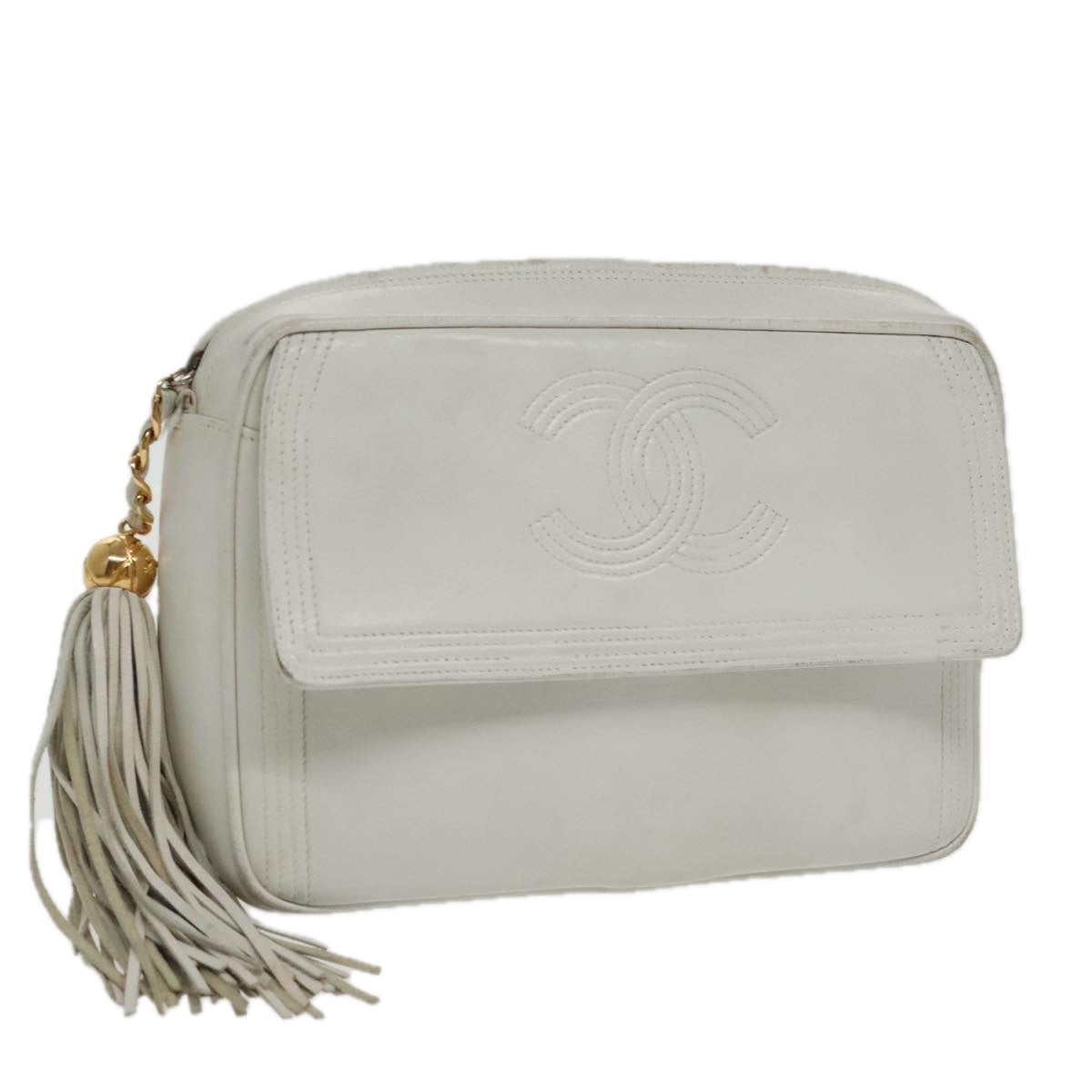 CHANEL Shoulder Bag Leather White Gold CC Auth 94301