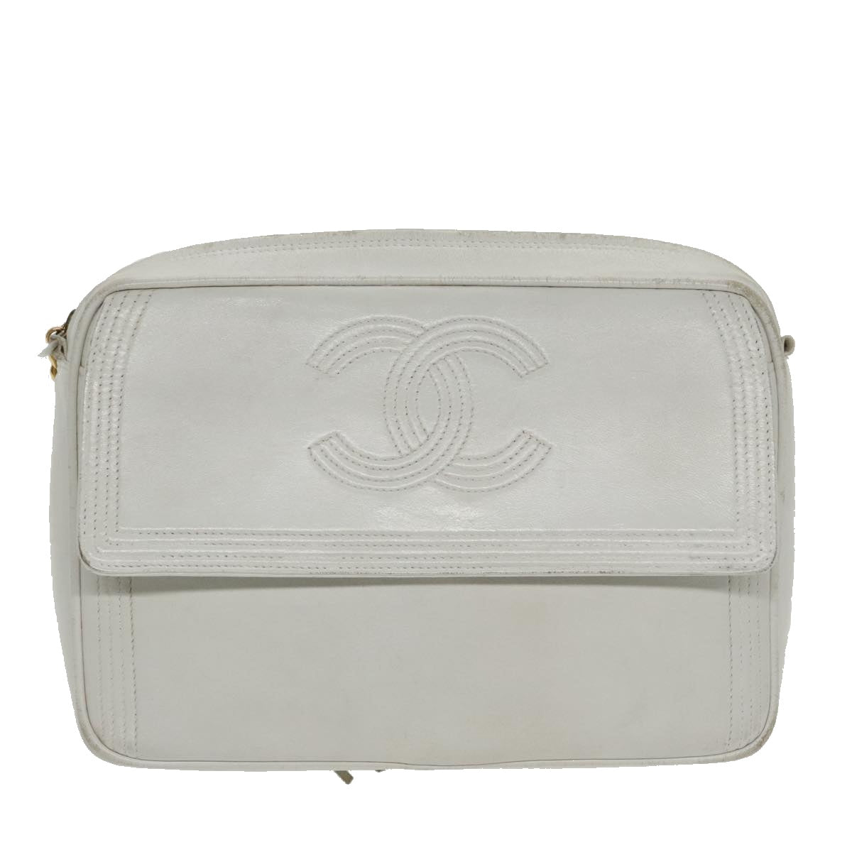 CHANEL Shoulder Bag Leather White Gold CC Auth 94301