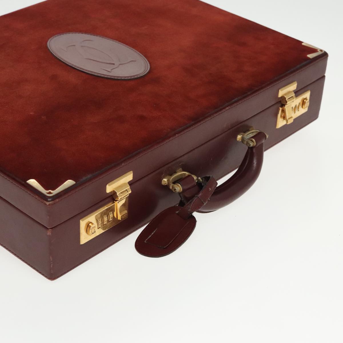 CARTIER Attache Case Suede Leather Bordeaux Gold Auth 94309